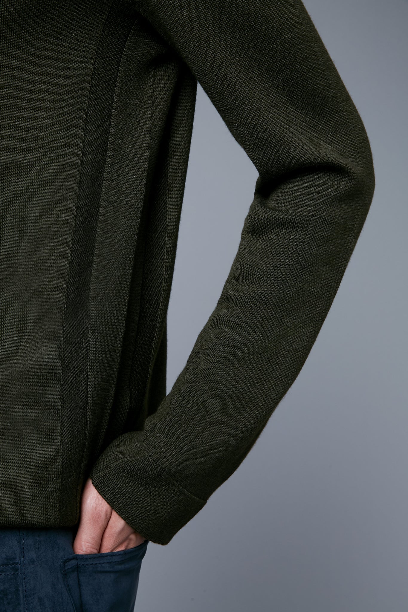 Detail View: Model Qiang Li wearing Long Sleeve Sweater Tee