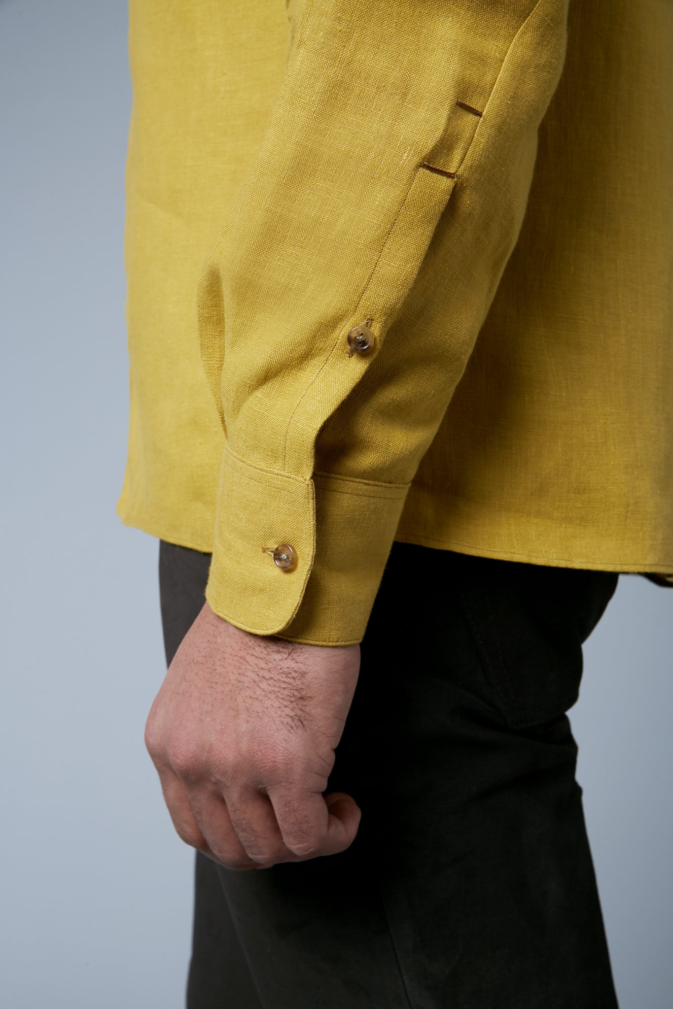 Detail View: Model Tre Boutilier wearing Linen Greenwhich Shirt