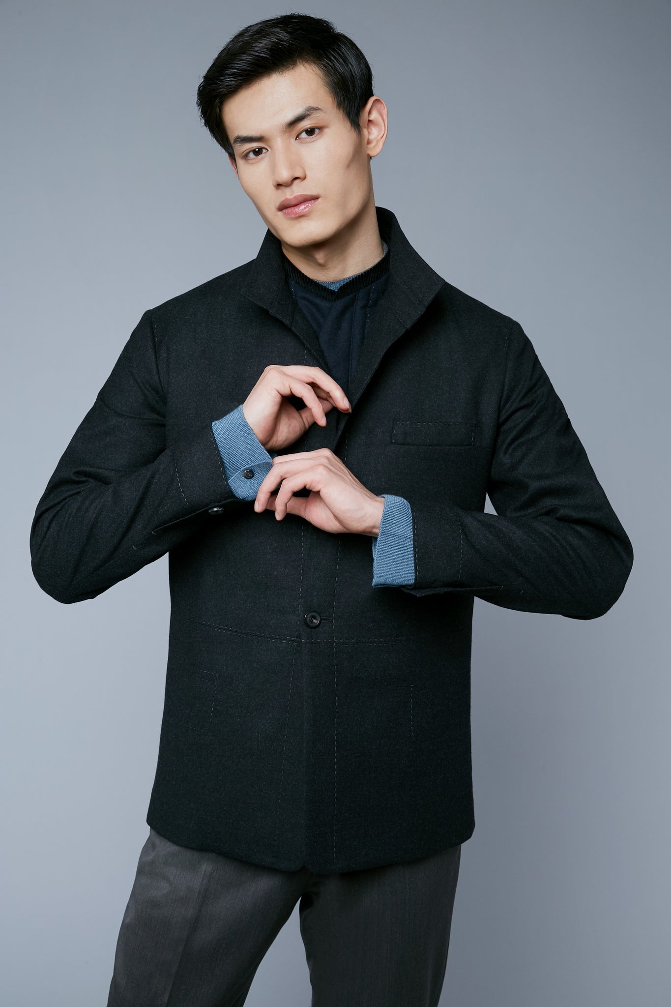 Detail View: Model Qiang Li wearing Architect's Jacket