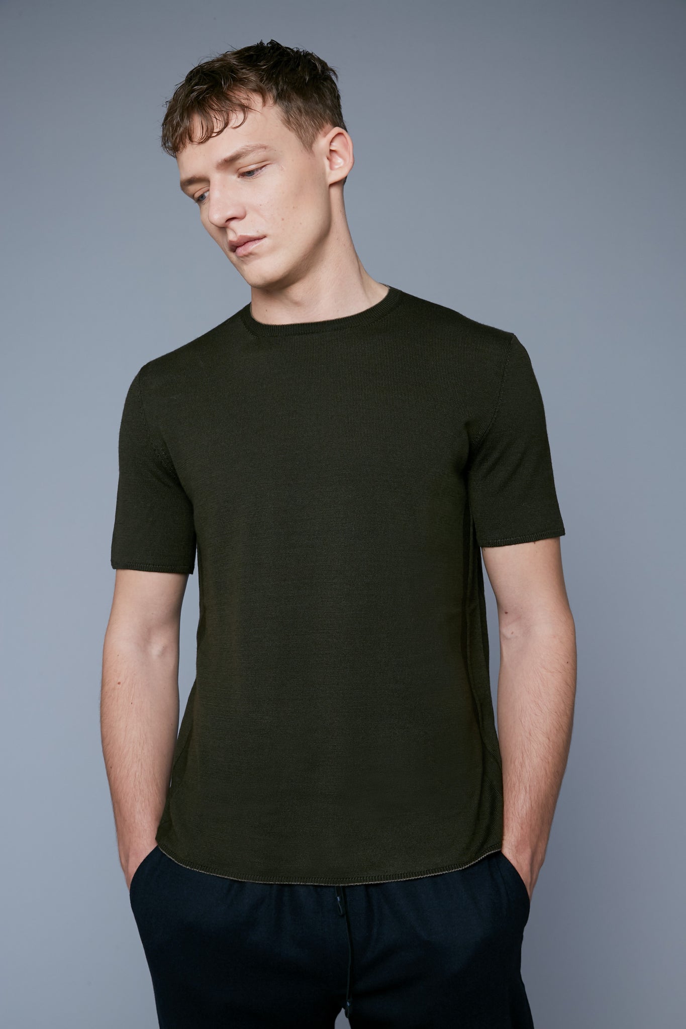 Mood View: Model Milos Drago wearing Short Sleeve Sweater Tee