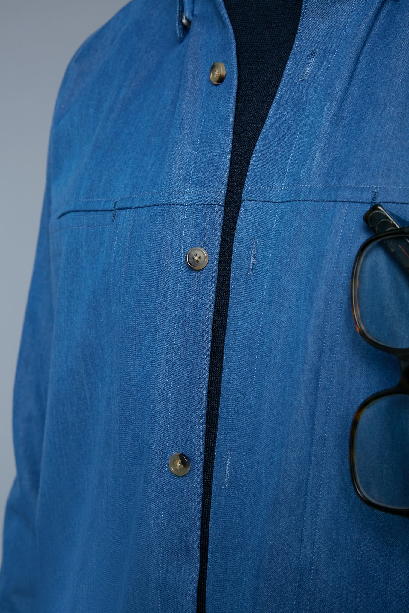 Detail View: Model Milos Drago wearing Kojima Denim Shirt