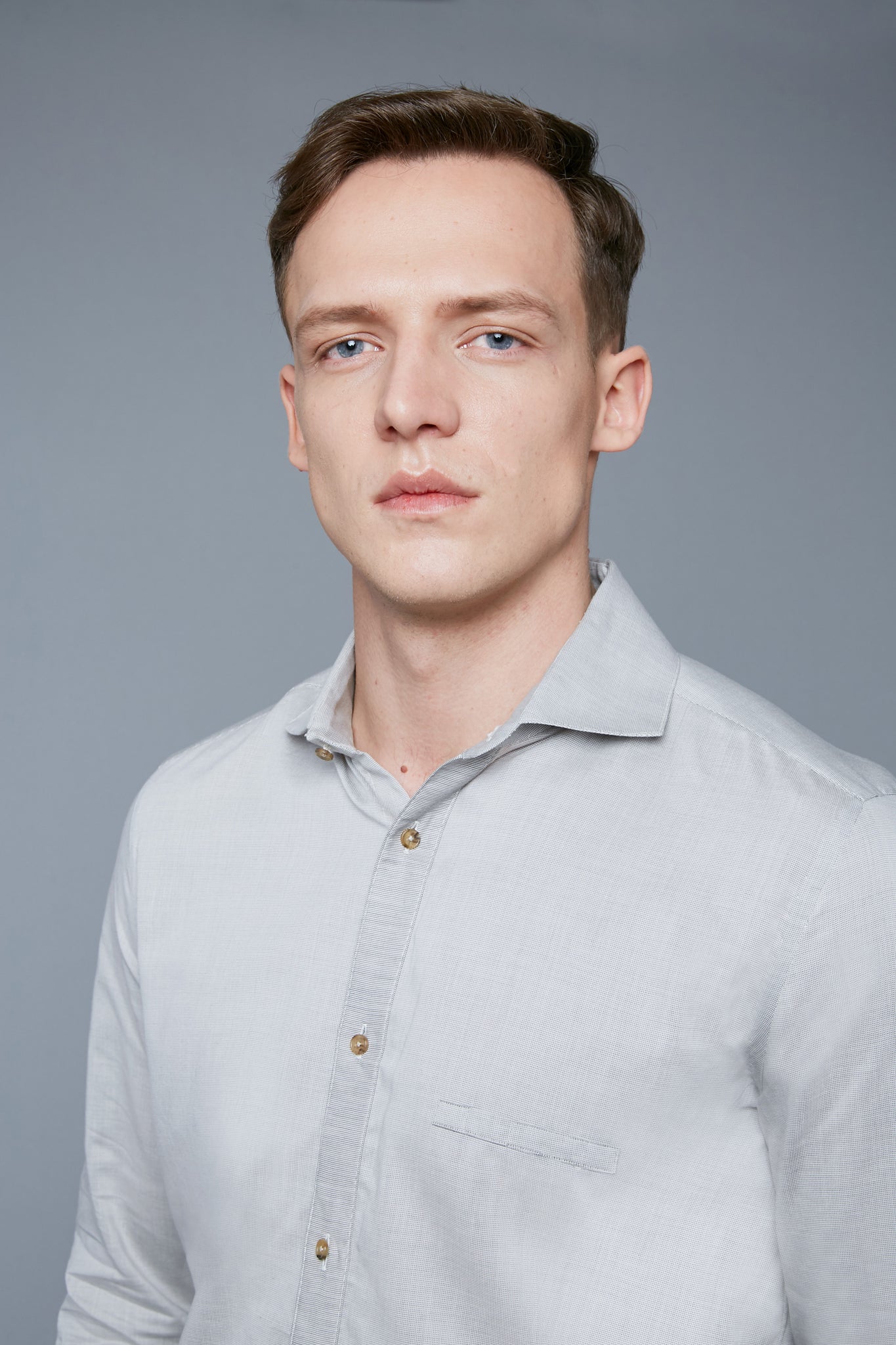 Up-close View: Model Milos Drago wearing Greenwich Shirt Microcheck