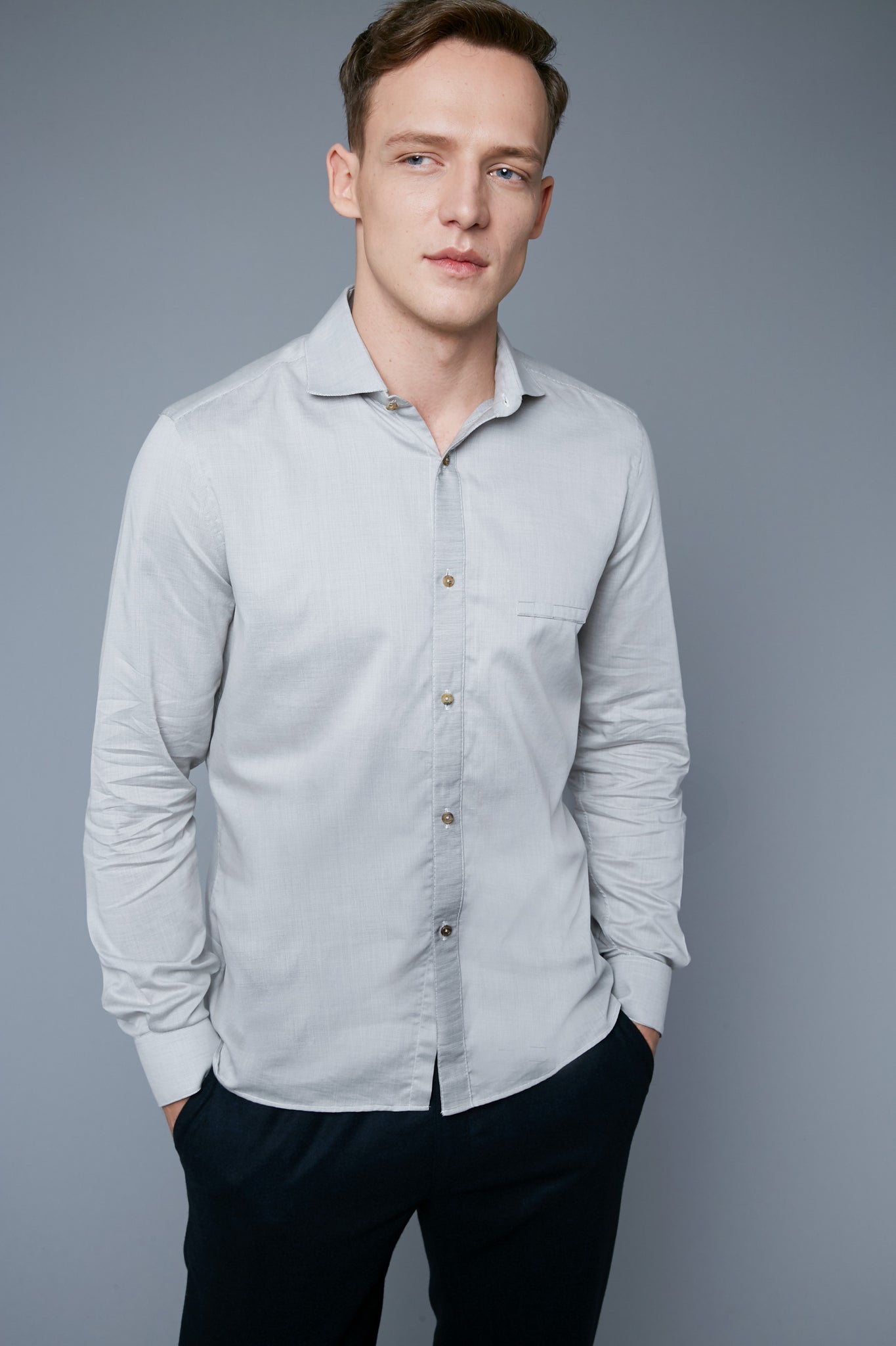 Mood View: Model Milos Drago wearing Greenwich Shirt Microcheck