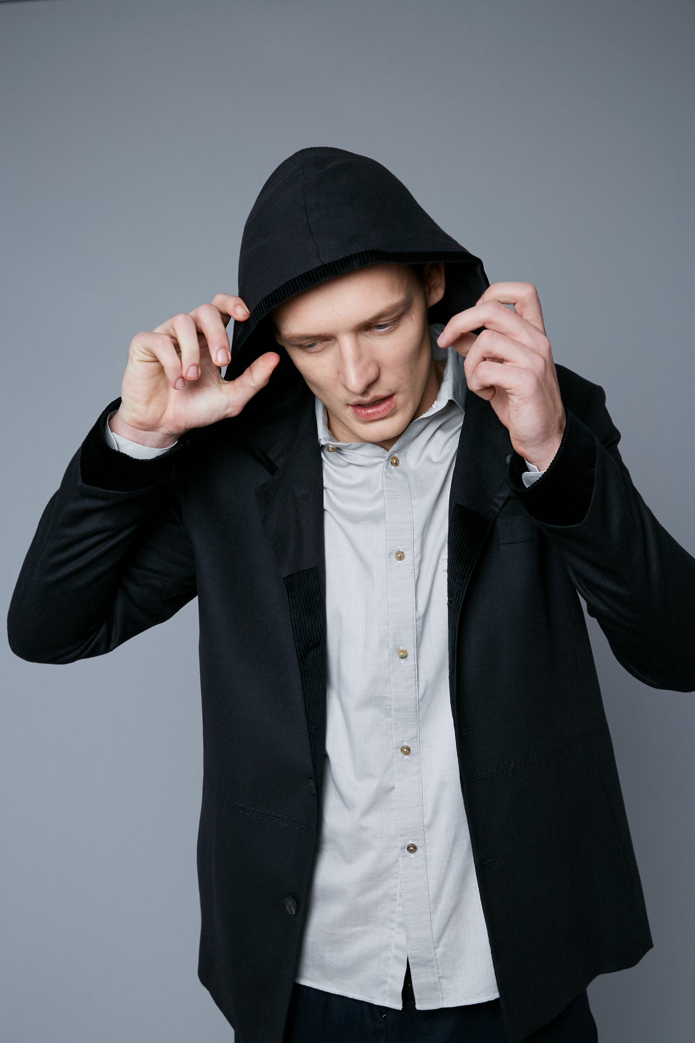 Mood View: Model Milos Drago wearing Cashmere Hoodied Jacket