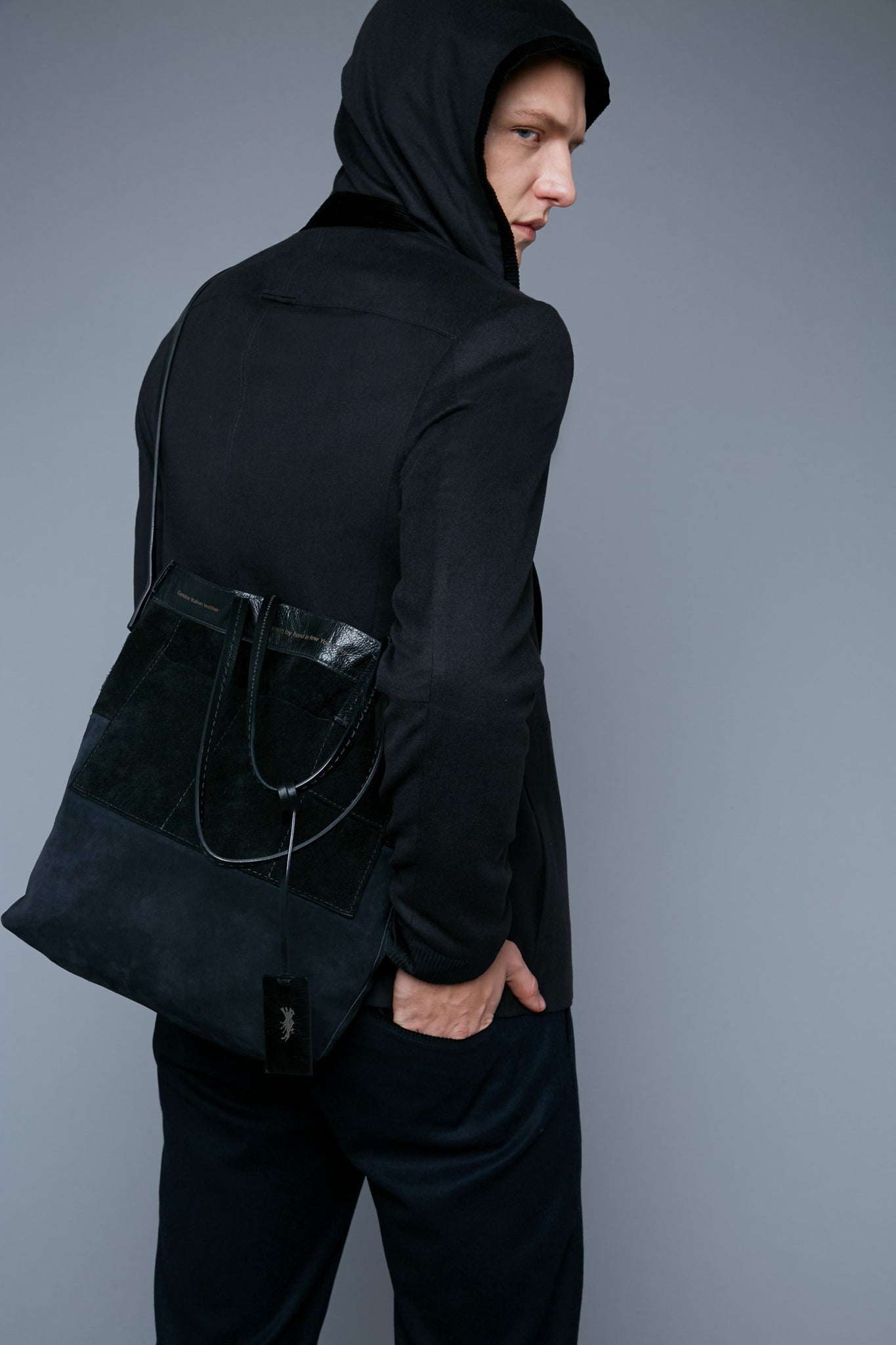 Mood View: Model Milos Drago wearing Cashmere Hoodied Jacket