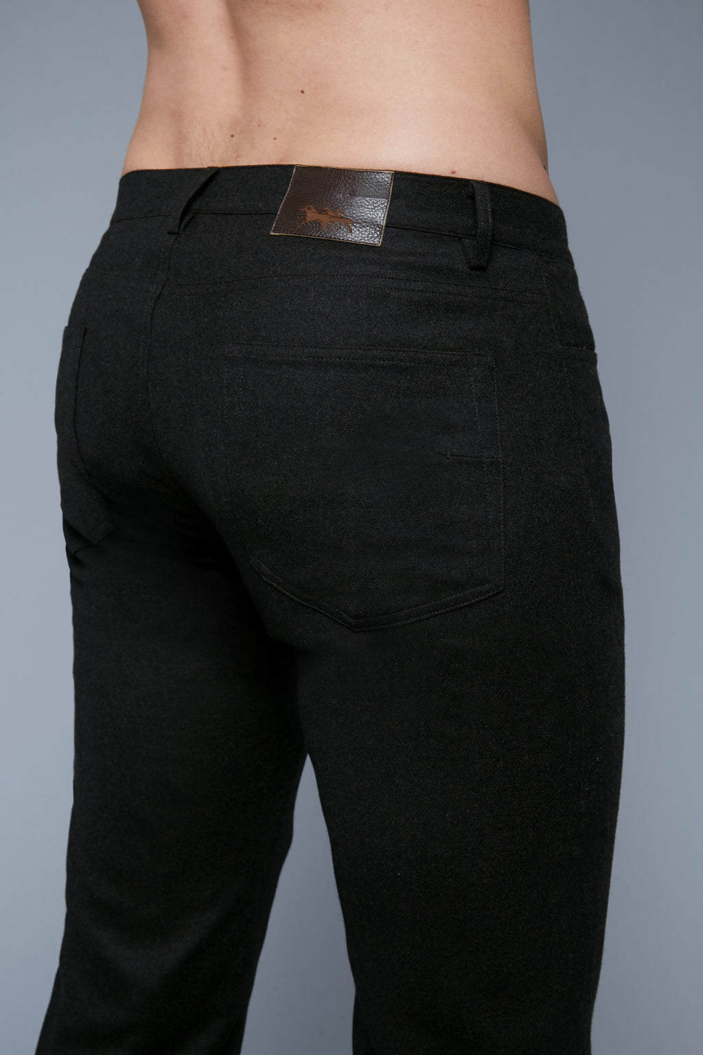 Detail View: Model Hans Weiner wearing Wool 5 Pocket Pants