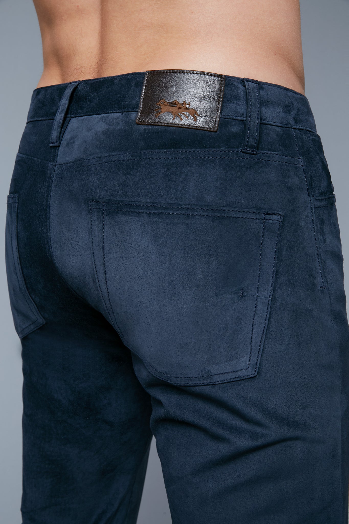 Detail View: Model Hans Weiner wearing Suede 5 Pocket Pants