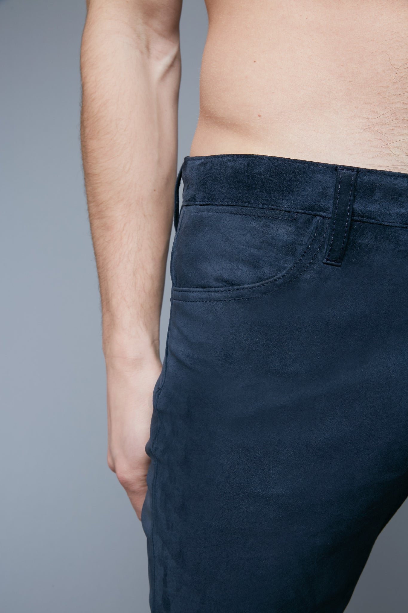 Mood View: Model Hans Weiner wearing Suede 5 Pocket Pants