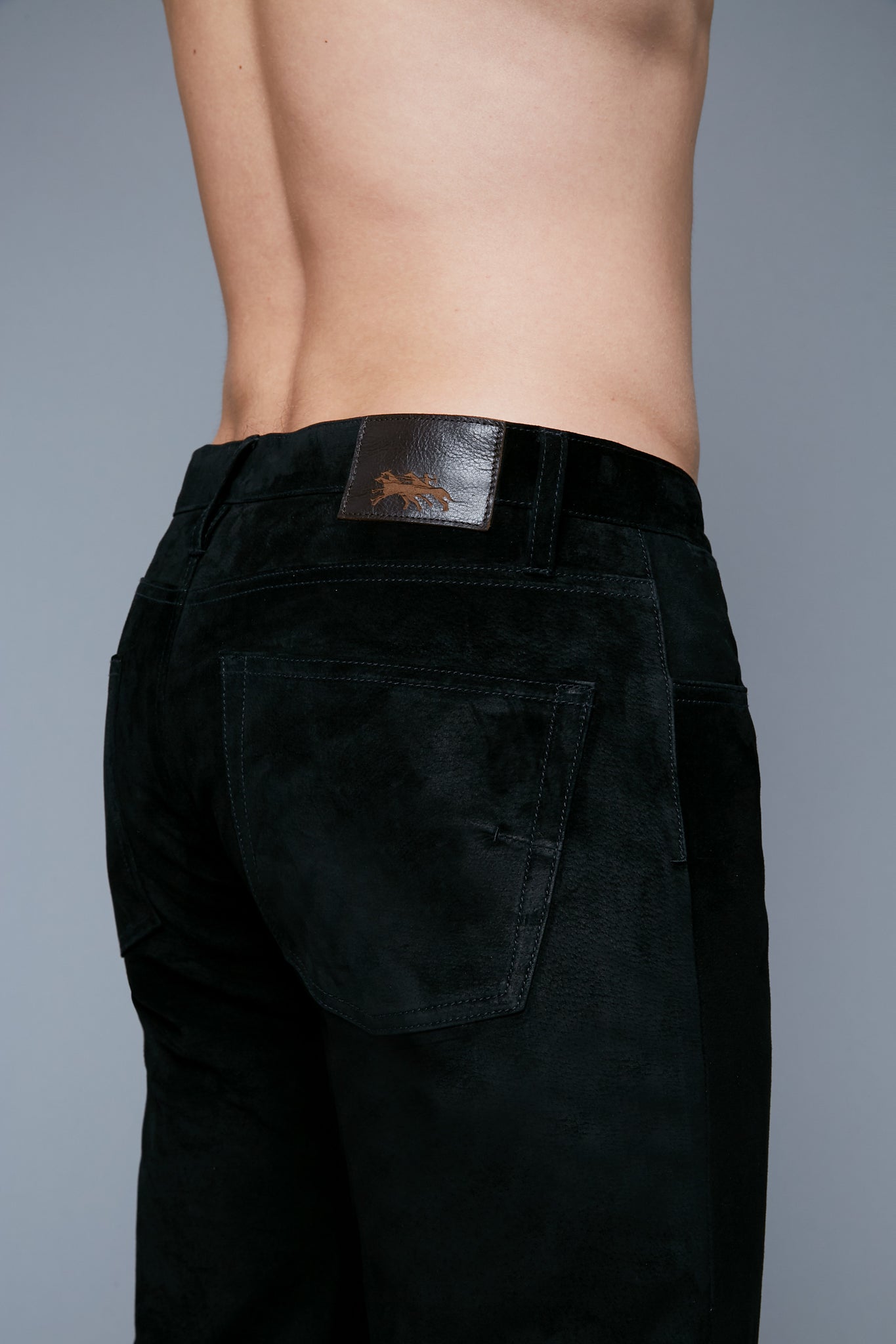 Detail View: Model Hans Weiner wearing Suede 5 Pocket Pants