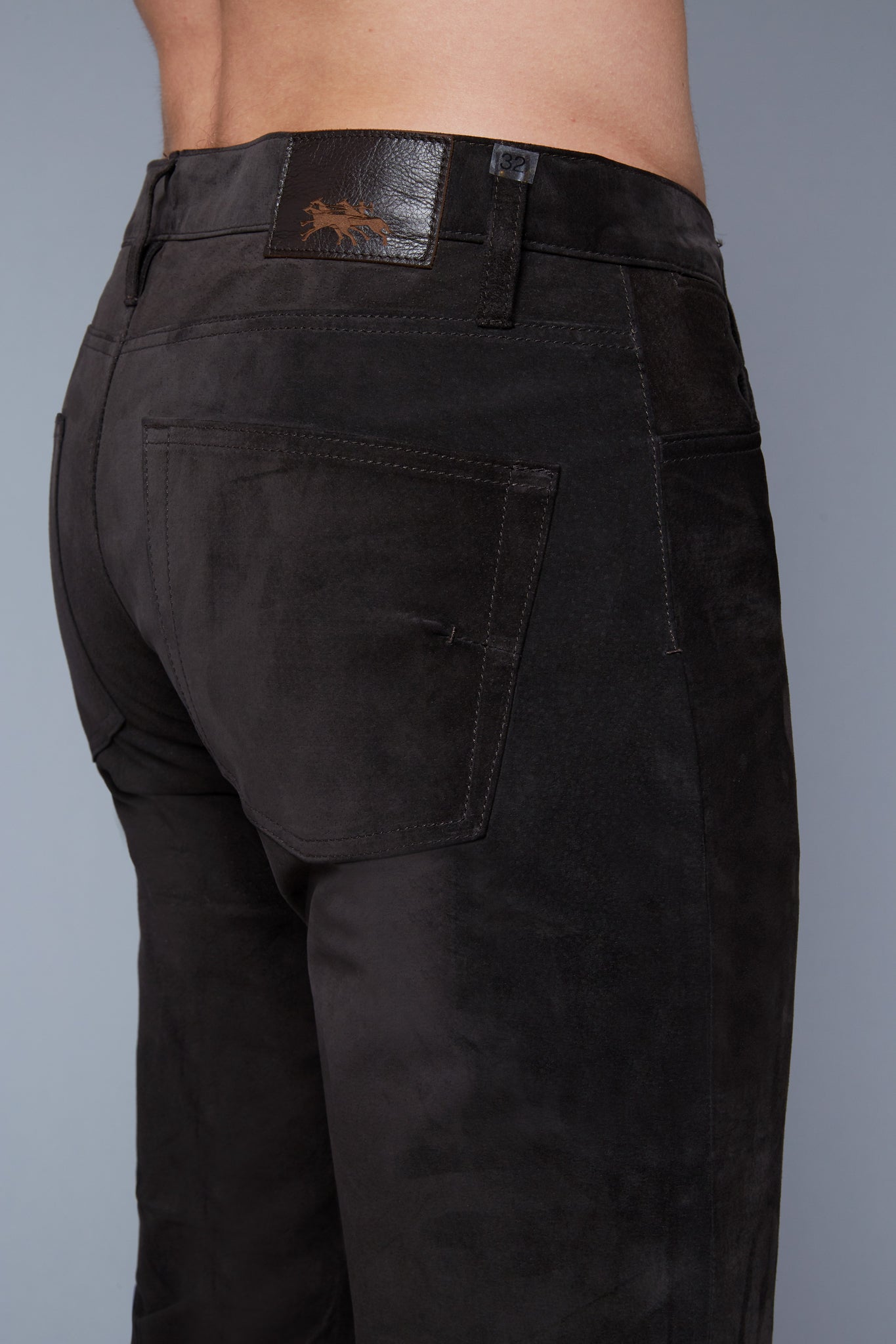Detail View: Model Hans Weiner wearing Suede 5 Pocket Pants