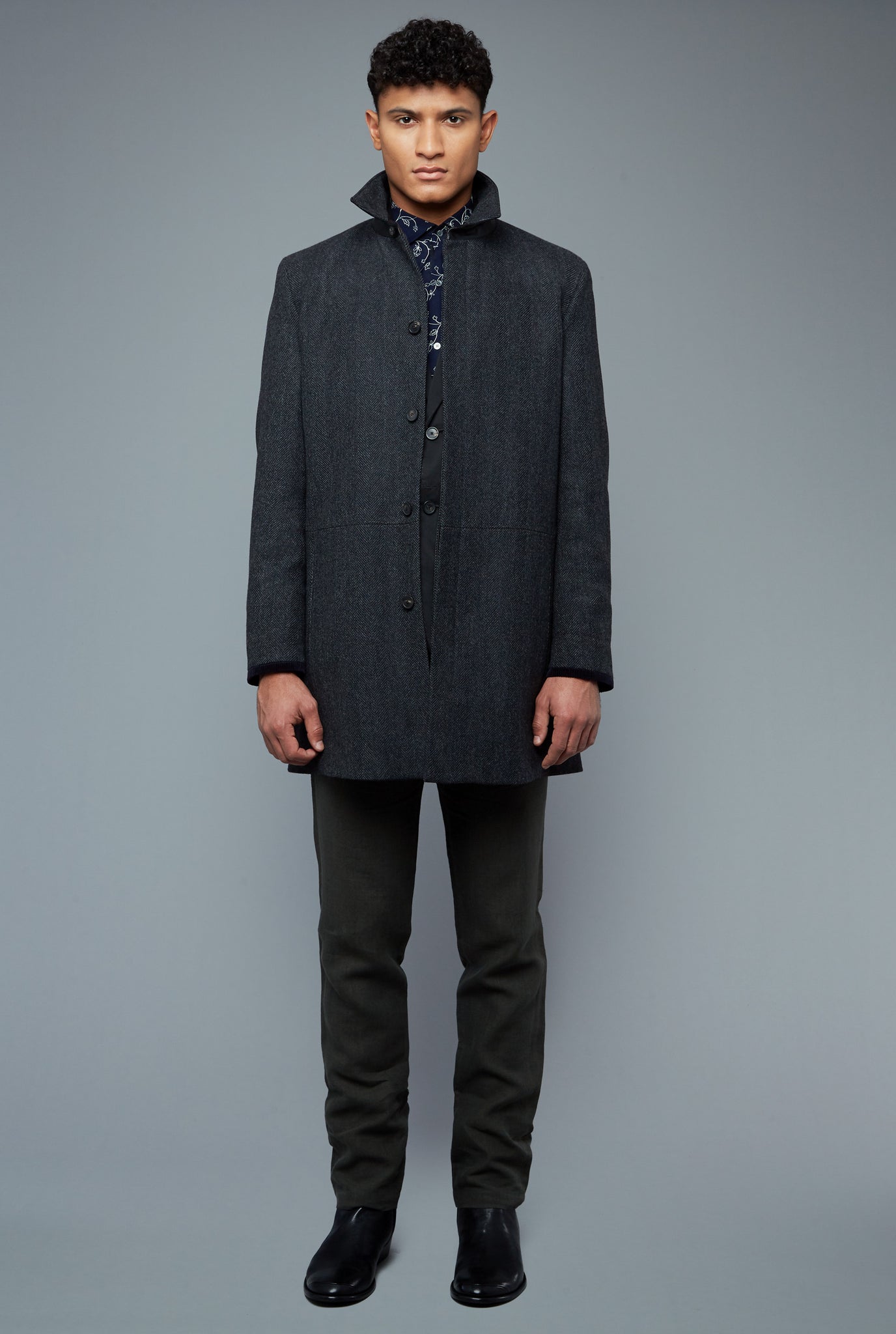 Front View: Model Tre Boutilier wearing Téchin Coat