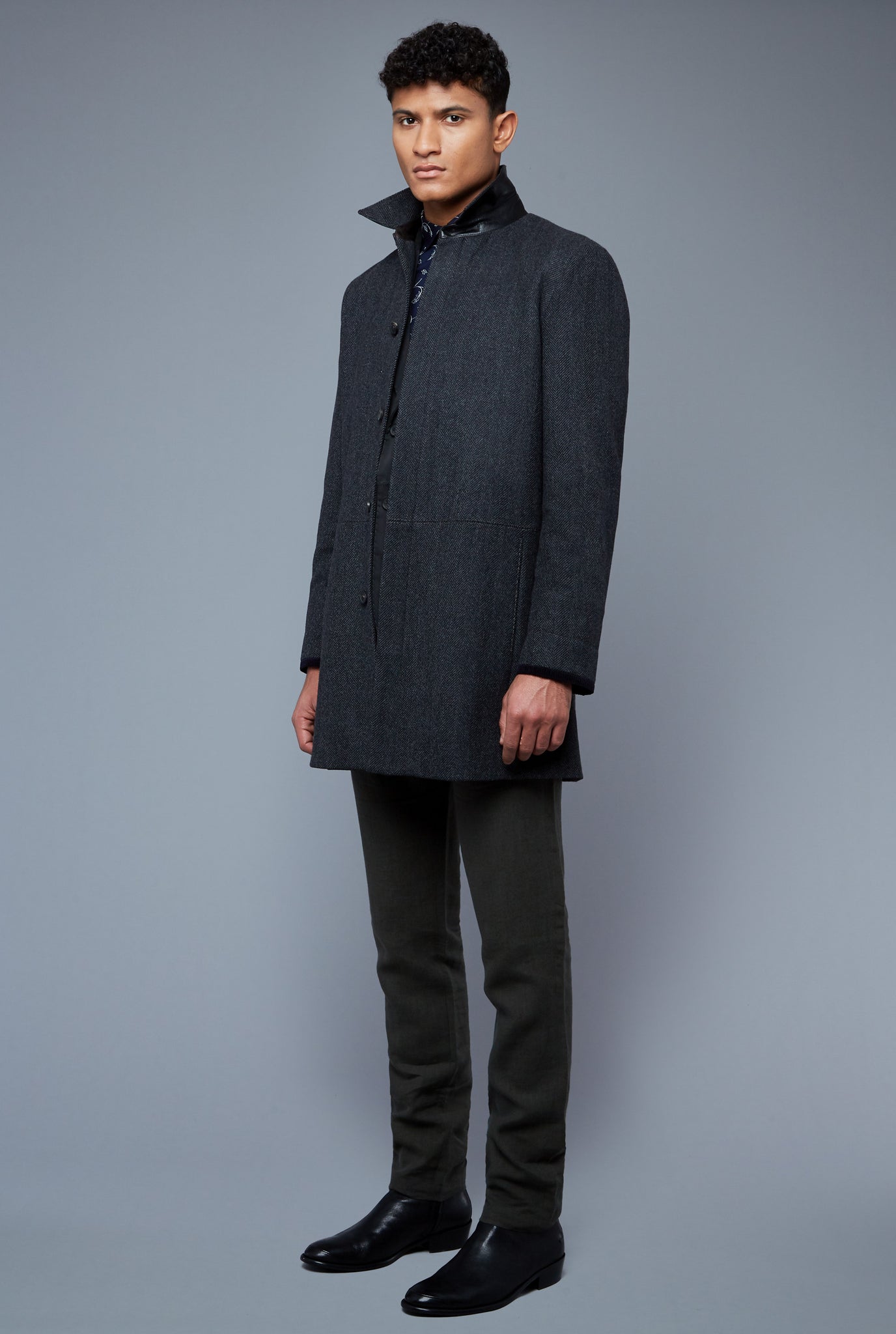 Three Quarter View: Model Tre Boutilier wearing Téchin Coat