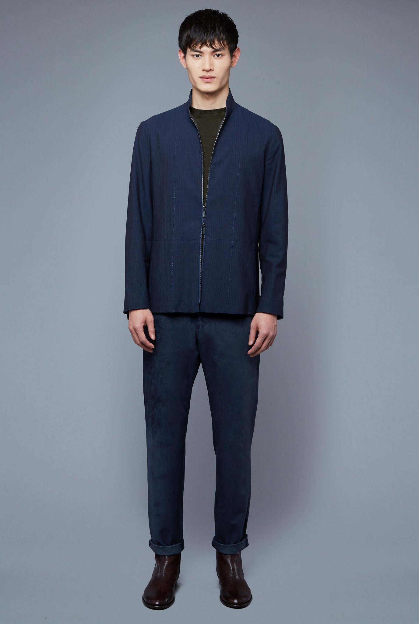 Front View: Model Qiang Li wearing Seasonless Bomber