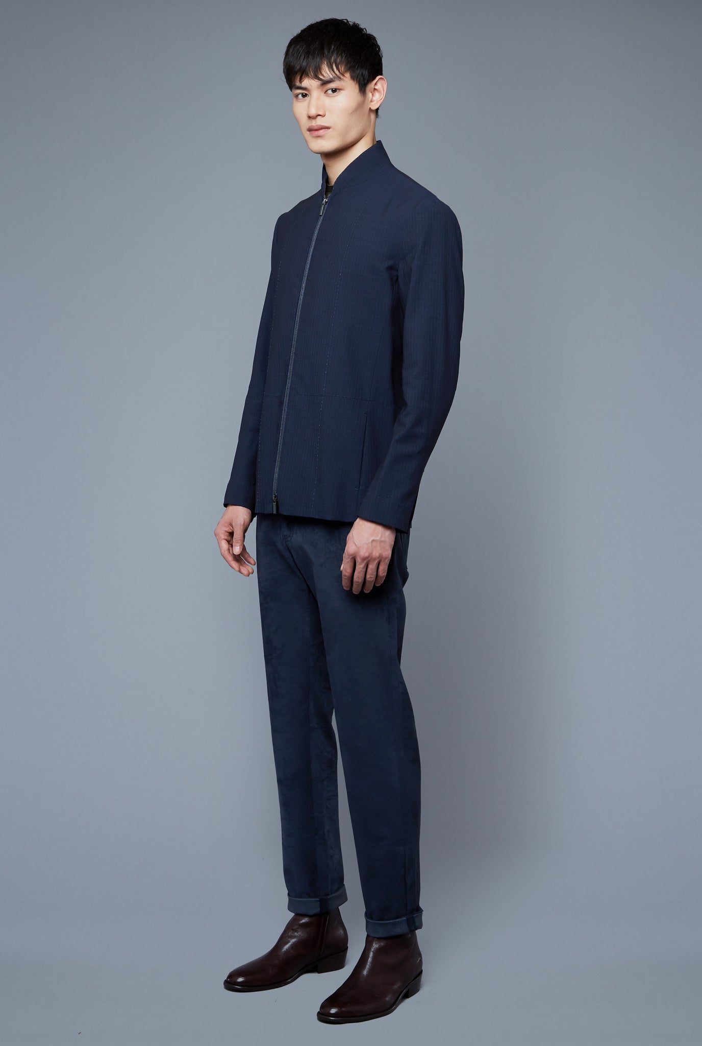 Three Quarter View: Model Qiang Li wearing Seasonless Bomber
