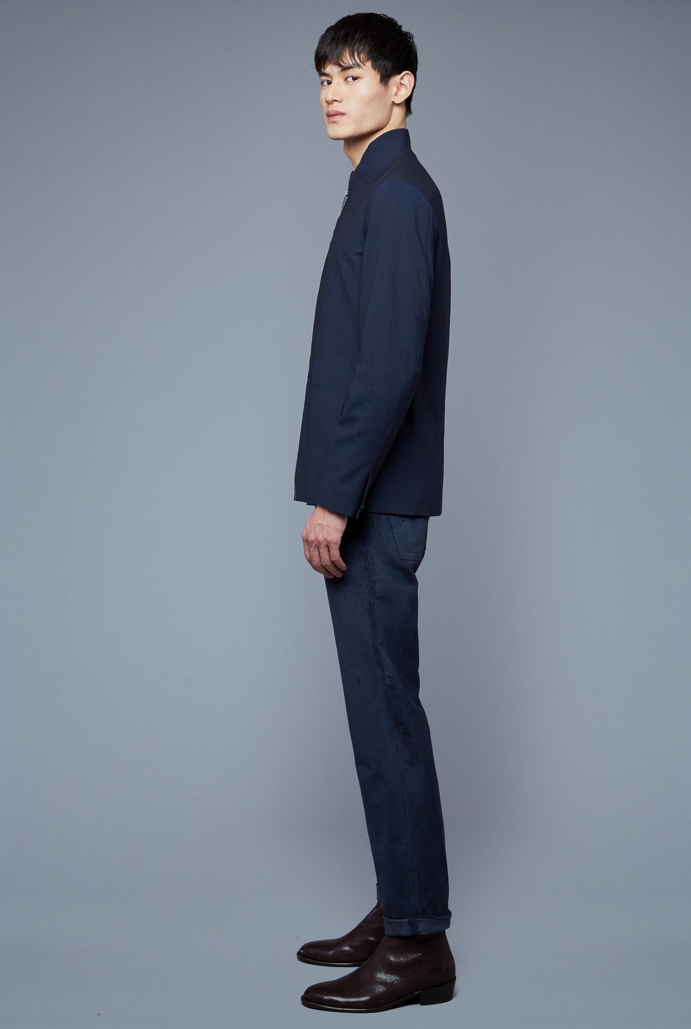 Side View: Model Qiang Li wearing Seasonless Bomber