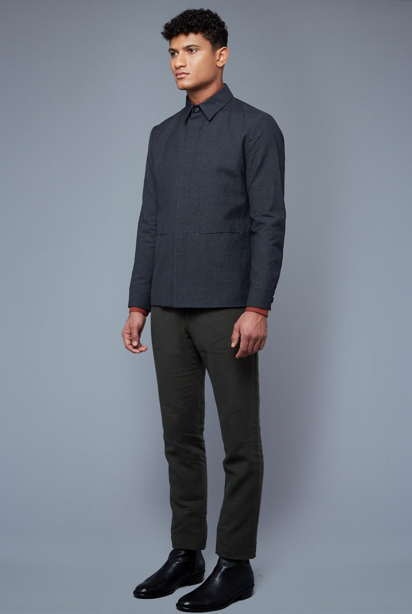 Three Quarter View: Model Tre Boutilier wearing Half Lined Téchin Jacket
