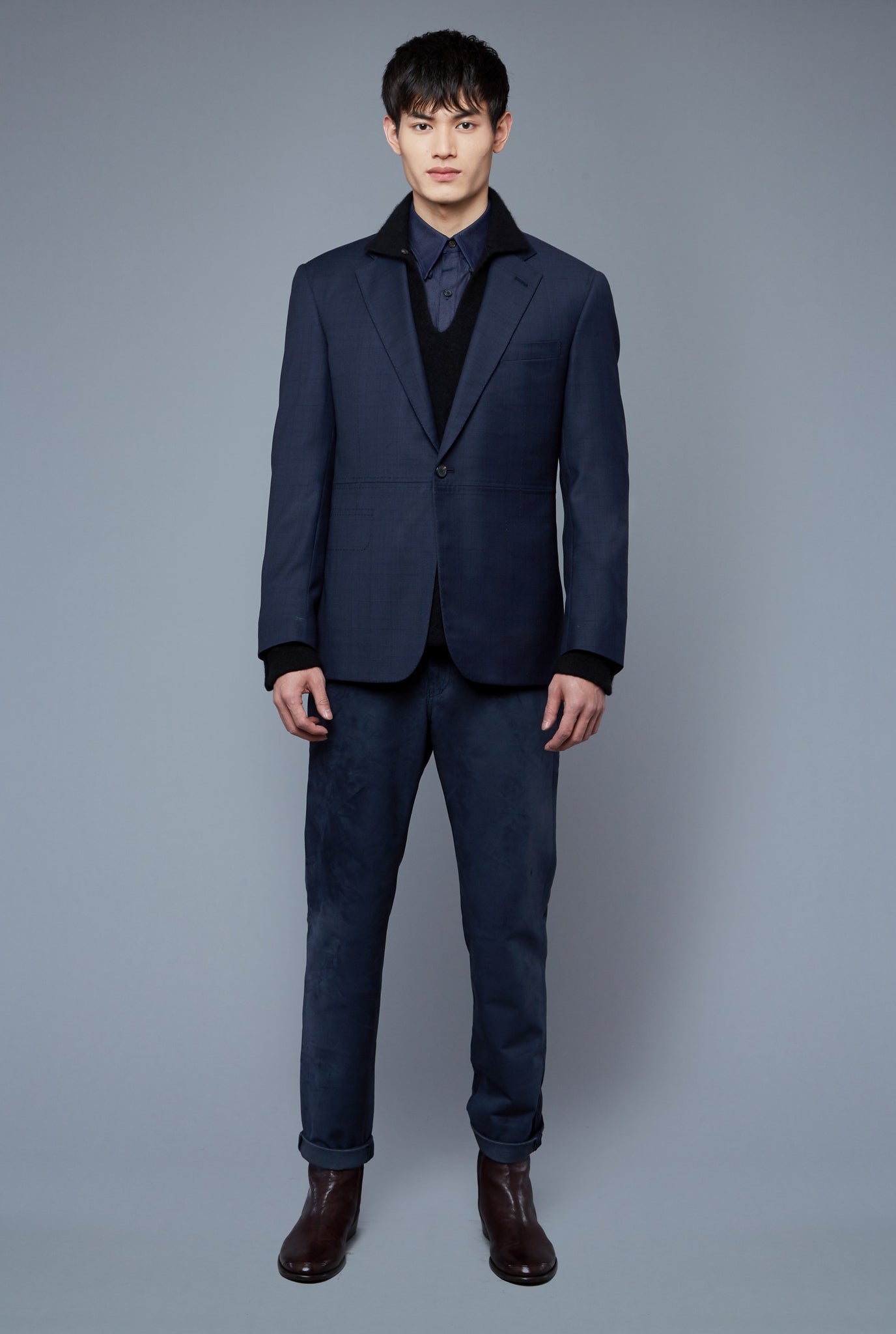 Front View: Model Qiang Li wearing Notch Lapel Jacket