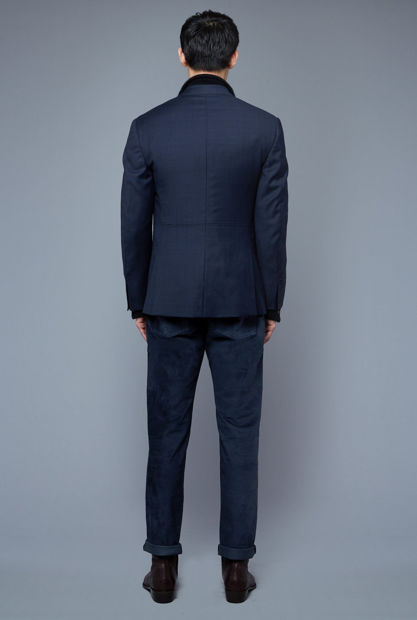 Back View: Model Qiang Li wearing Notch Lapel Jacket