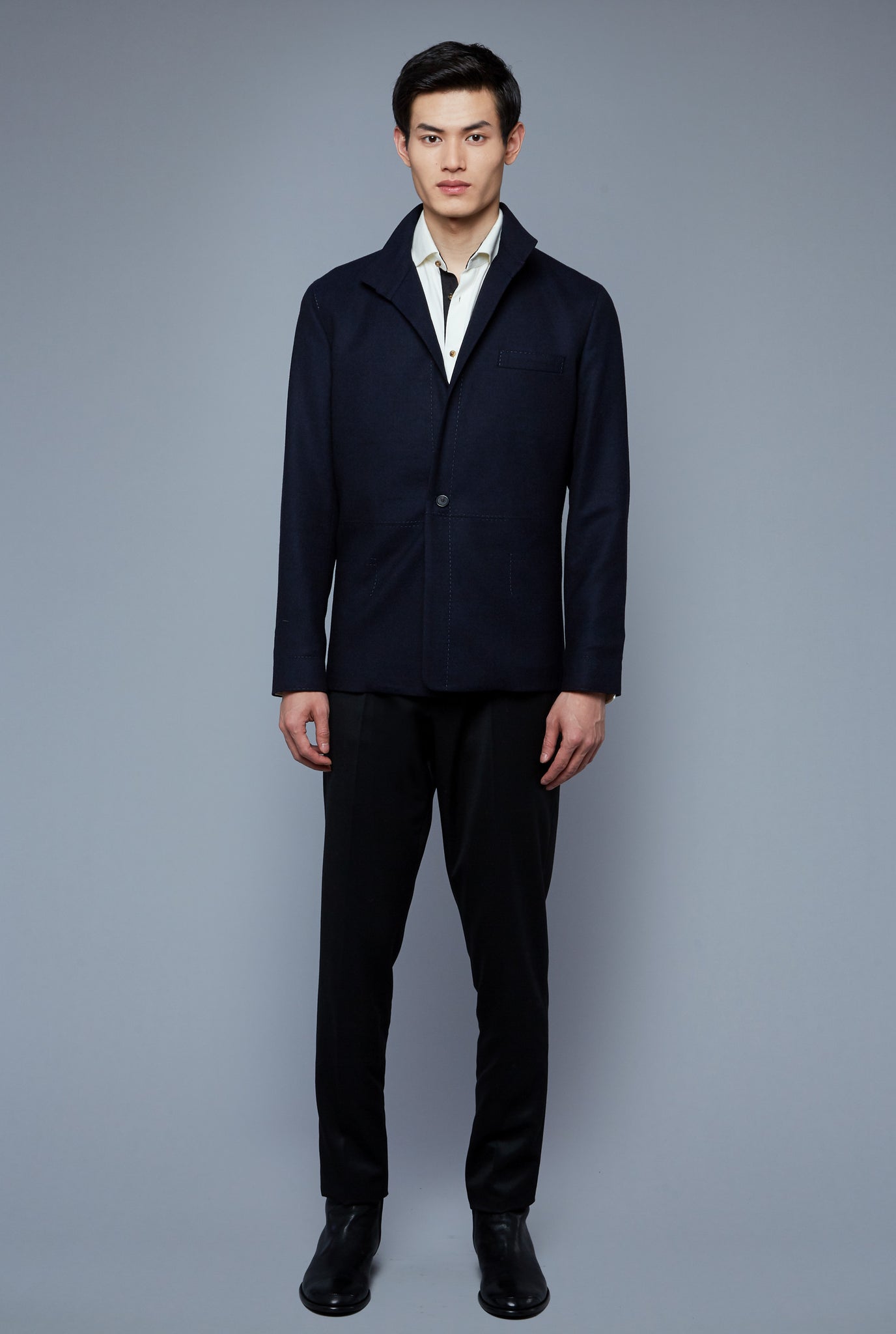 Front View: Model Qiang Li wearing Architect's Jacket