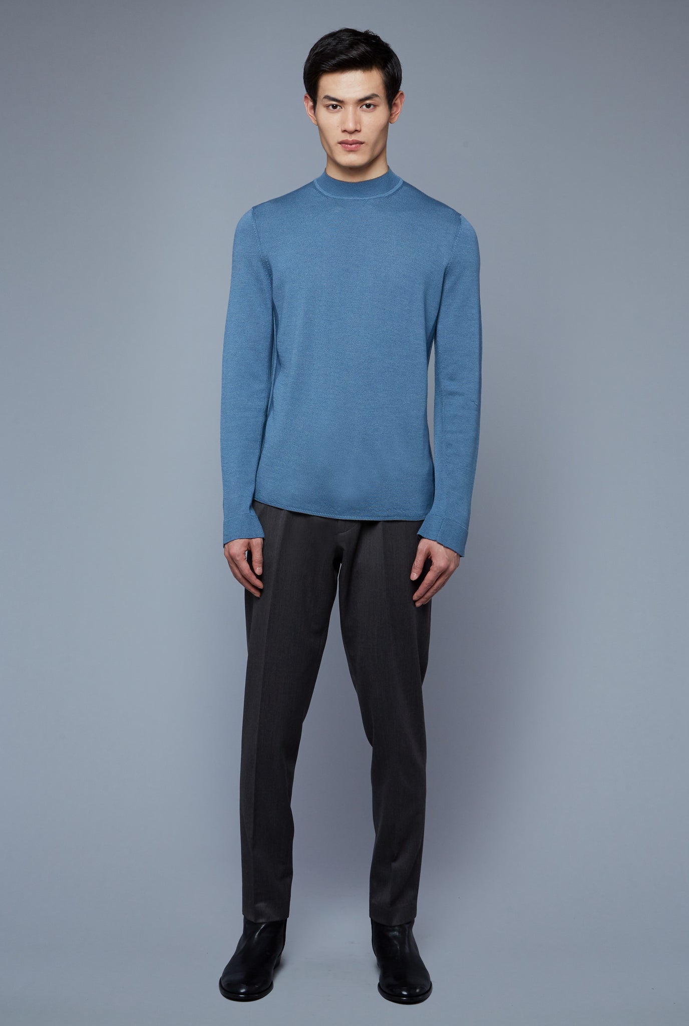 Front View: Model Qiang Li wearing Royal Neck Sweater Tee