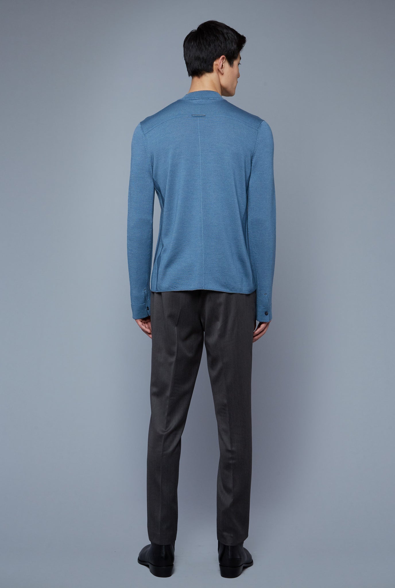 Back View: Model Qiang Li wearing Royal Neck Sweater Tee