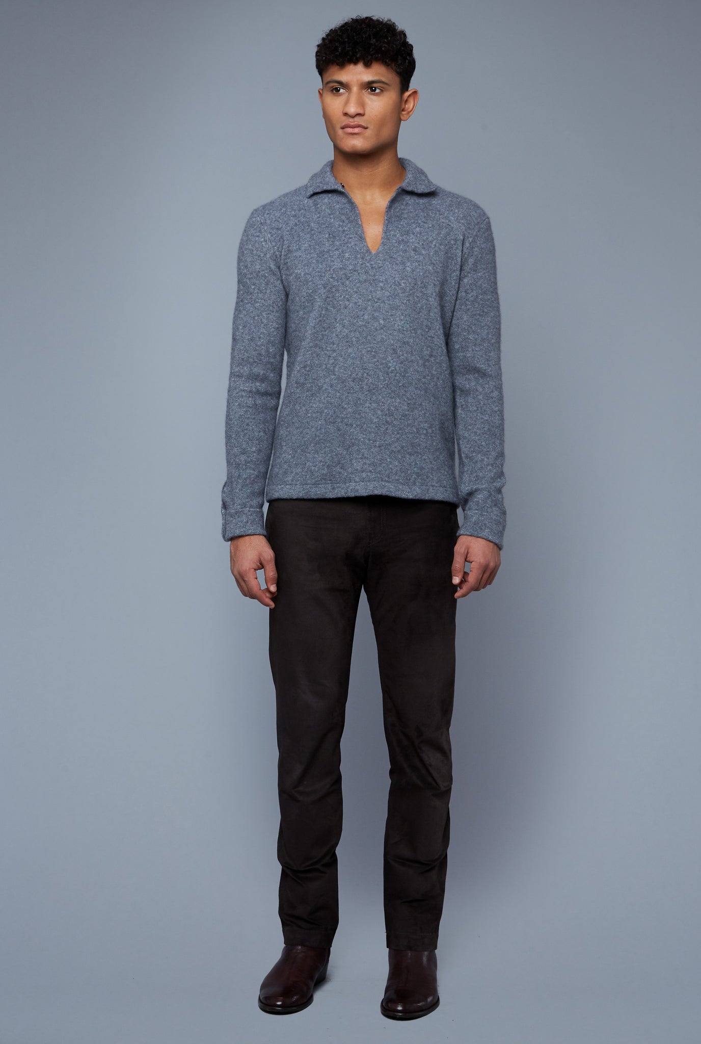 Front View: Model Tre Boutilier wearing Cashmere Boucle Sweater