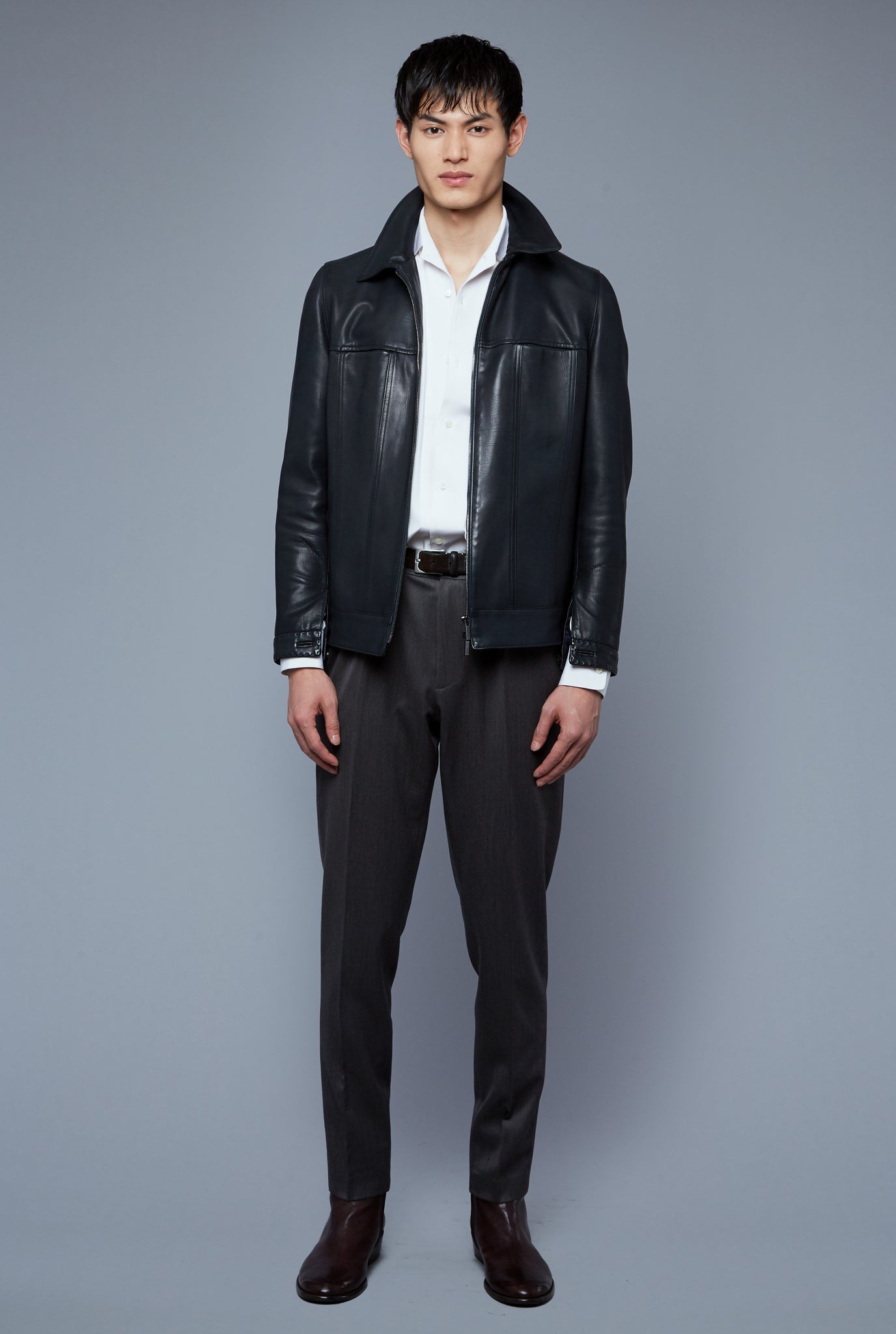 Front View: Model Qiang Li wearing Leather Supple Jacket