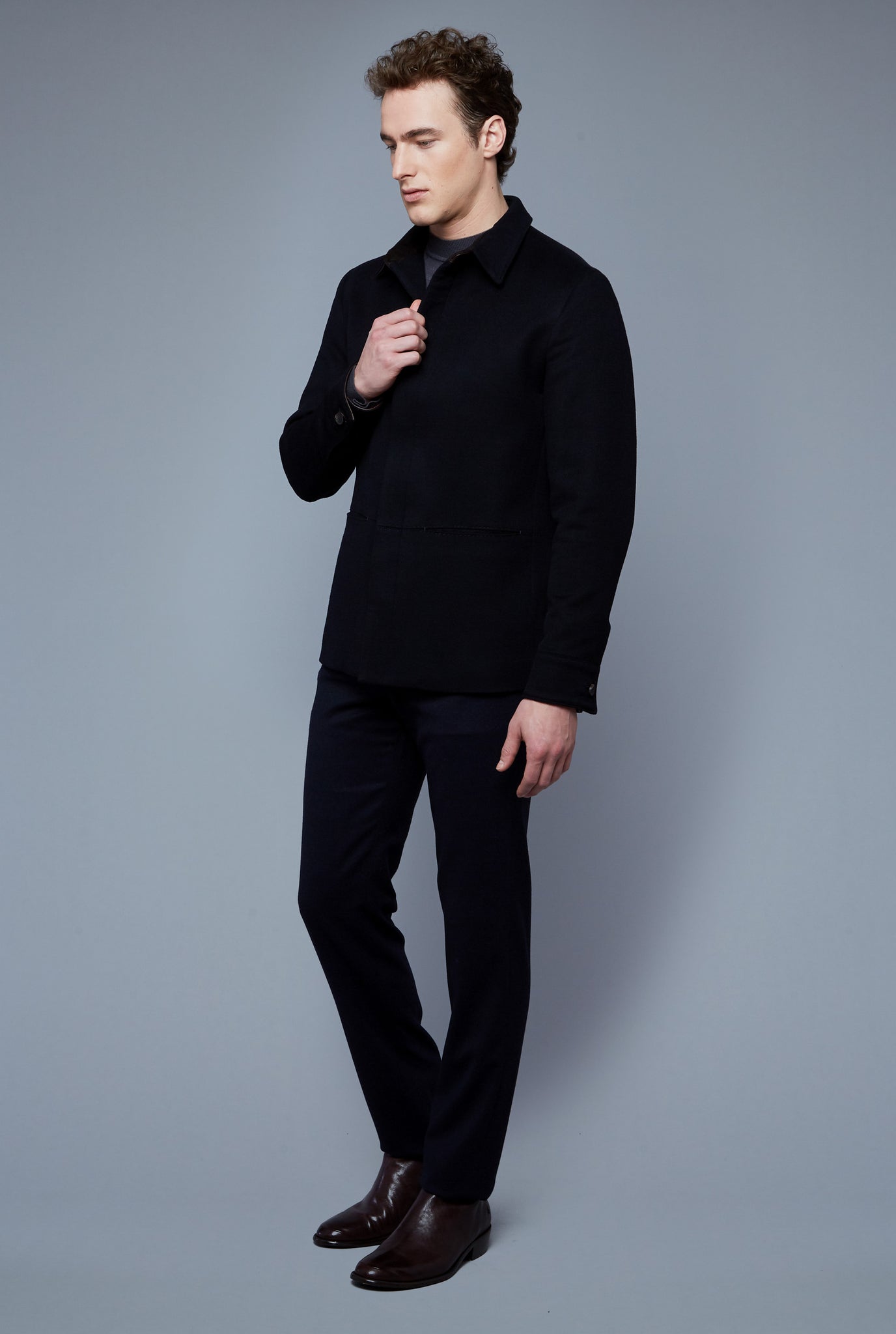 Three Quarter View: Model Hans Weiner wearing Téchin Jacket