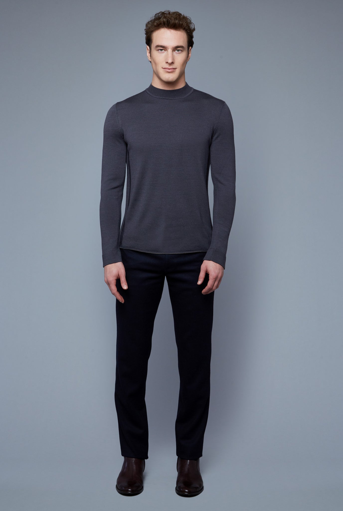 Front View: Model Hans Weiner wearing Royal Neck Sweater Tee