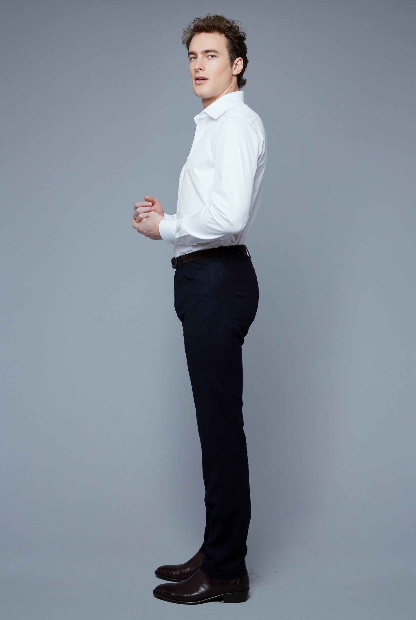 Side View: Model Hans Weiner wearing Sea Island Shirt
