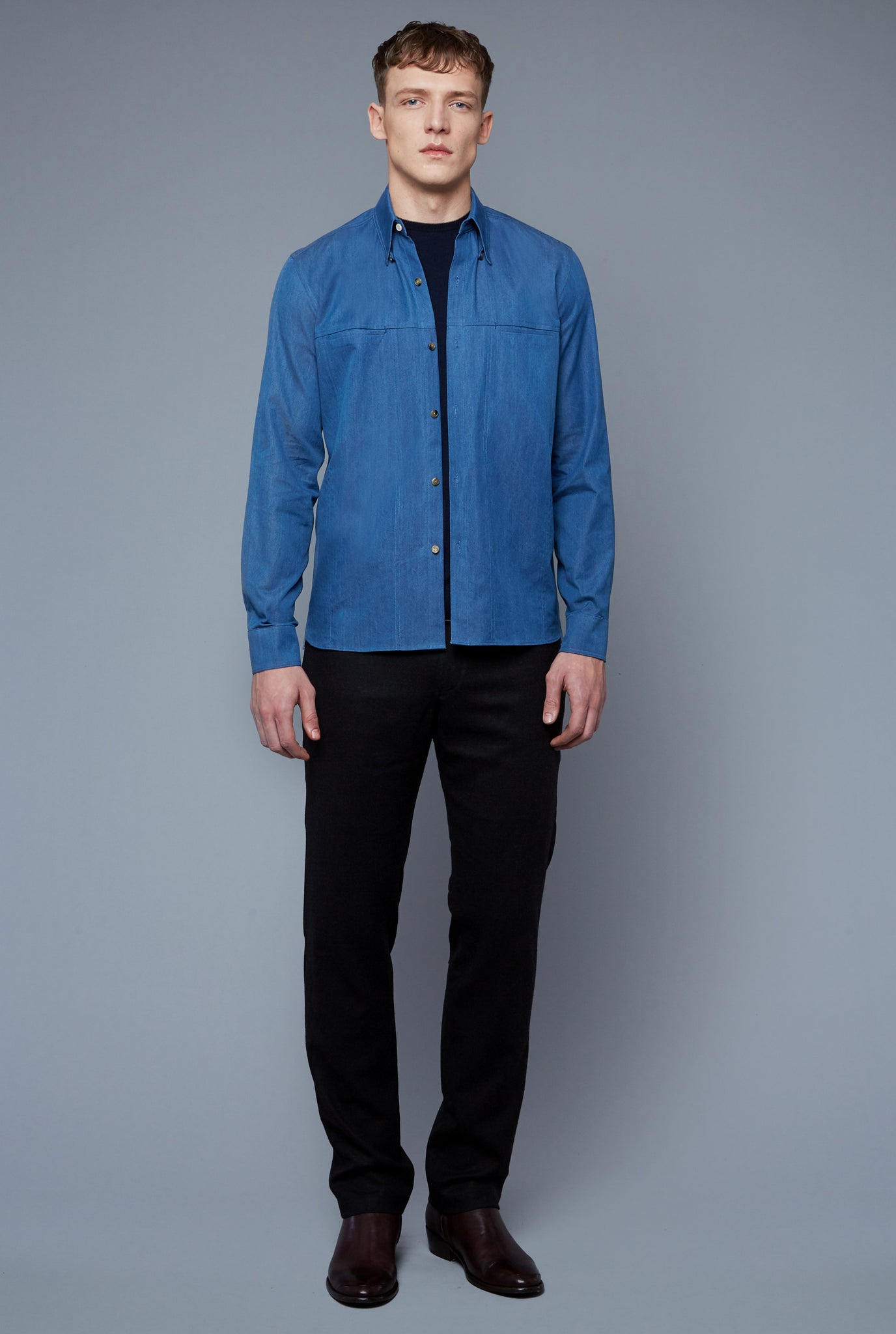 Front View: Model Milos Drago wearing Kojima Denim Shirt