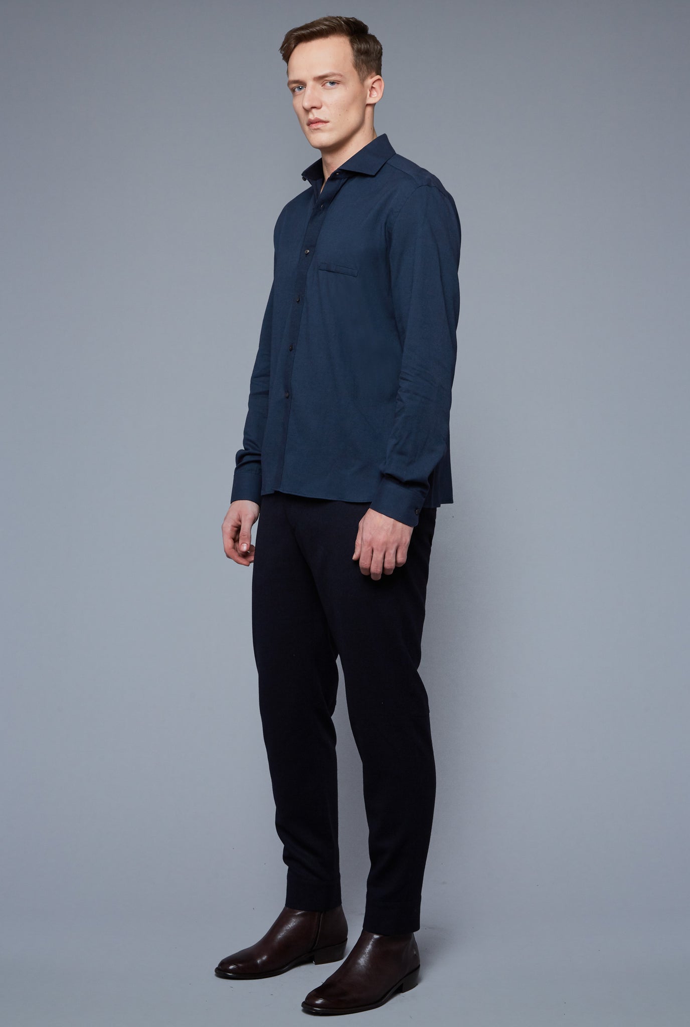 Three Quarter View: Model Milos Drago wearing Flannel Greenwich Shirt
