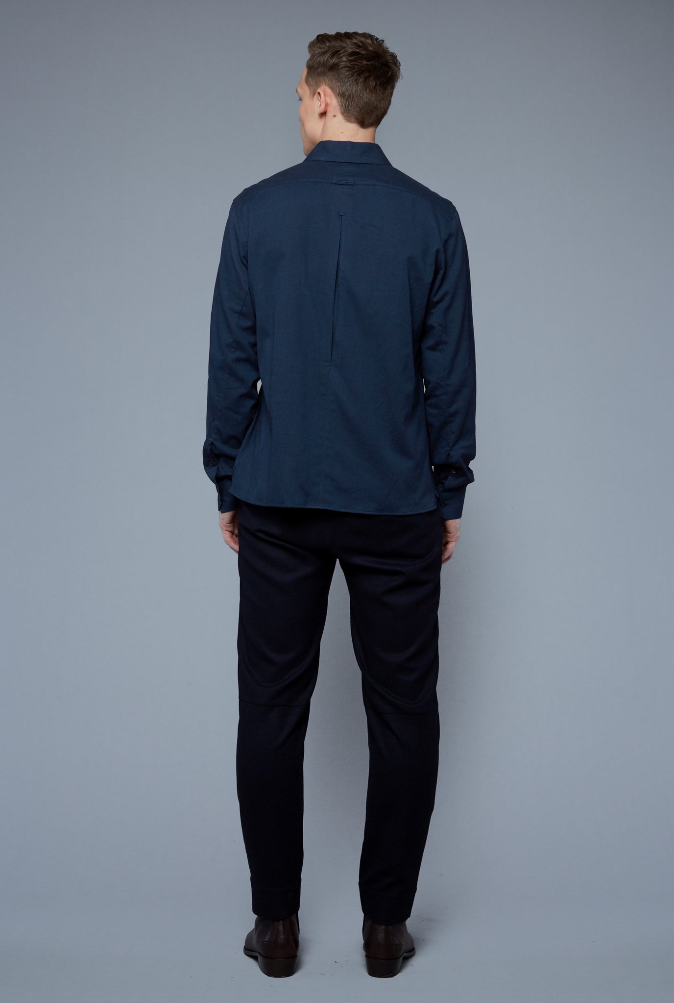 Back View: Model Milos Drago wearing Flannel Greenwich Shirt