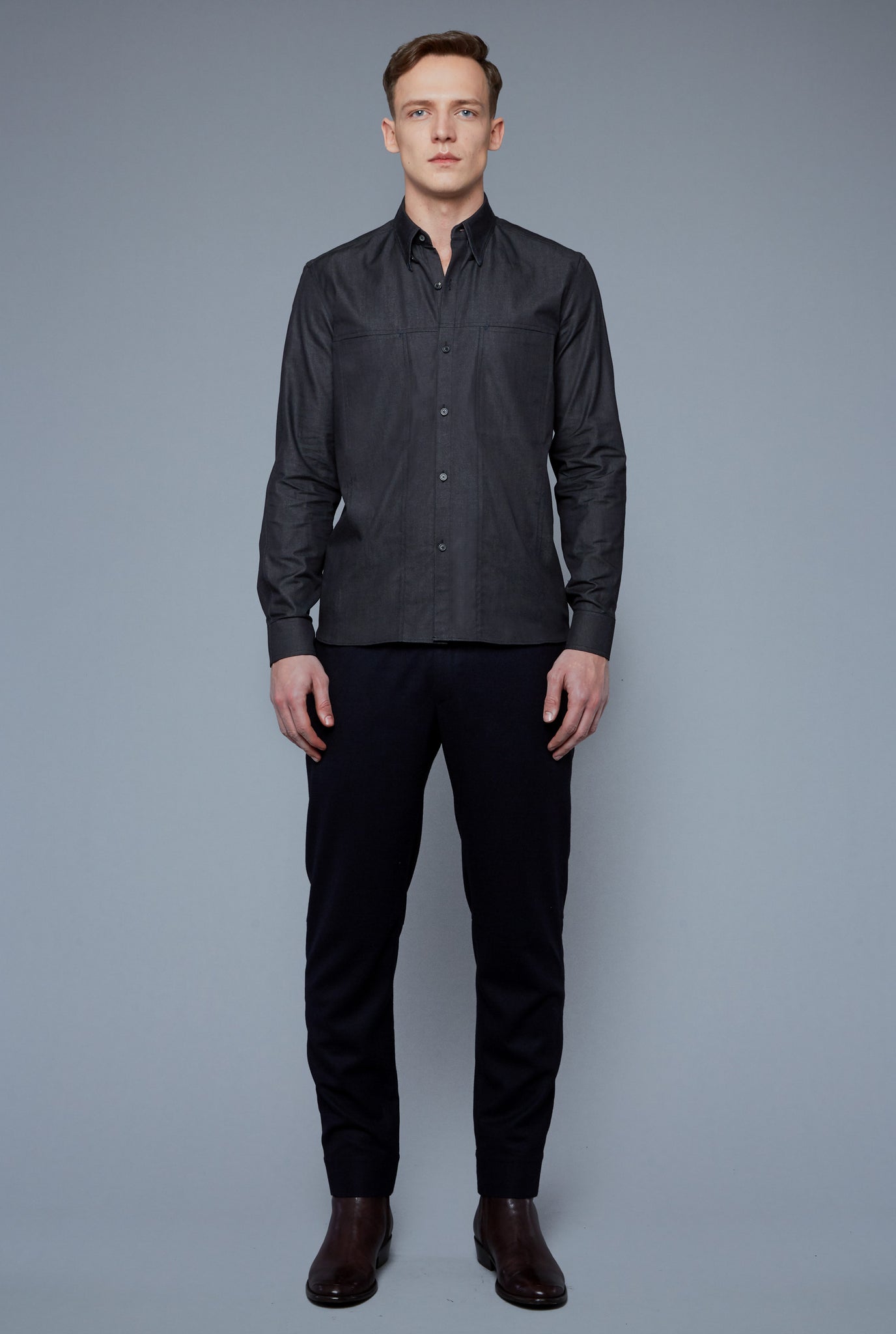 Front View: Model Milos Drago wearing Kojima Denim Shirt