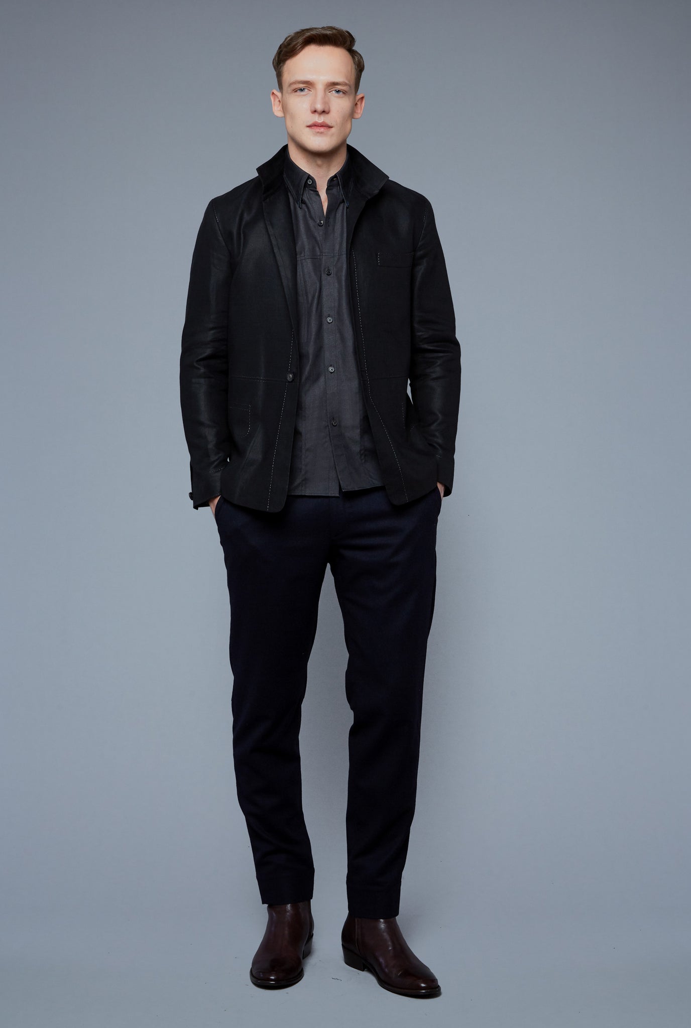 Front View: Model Milos Drago wearing Architect's Jacket