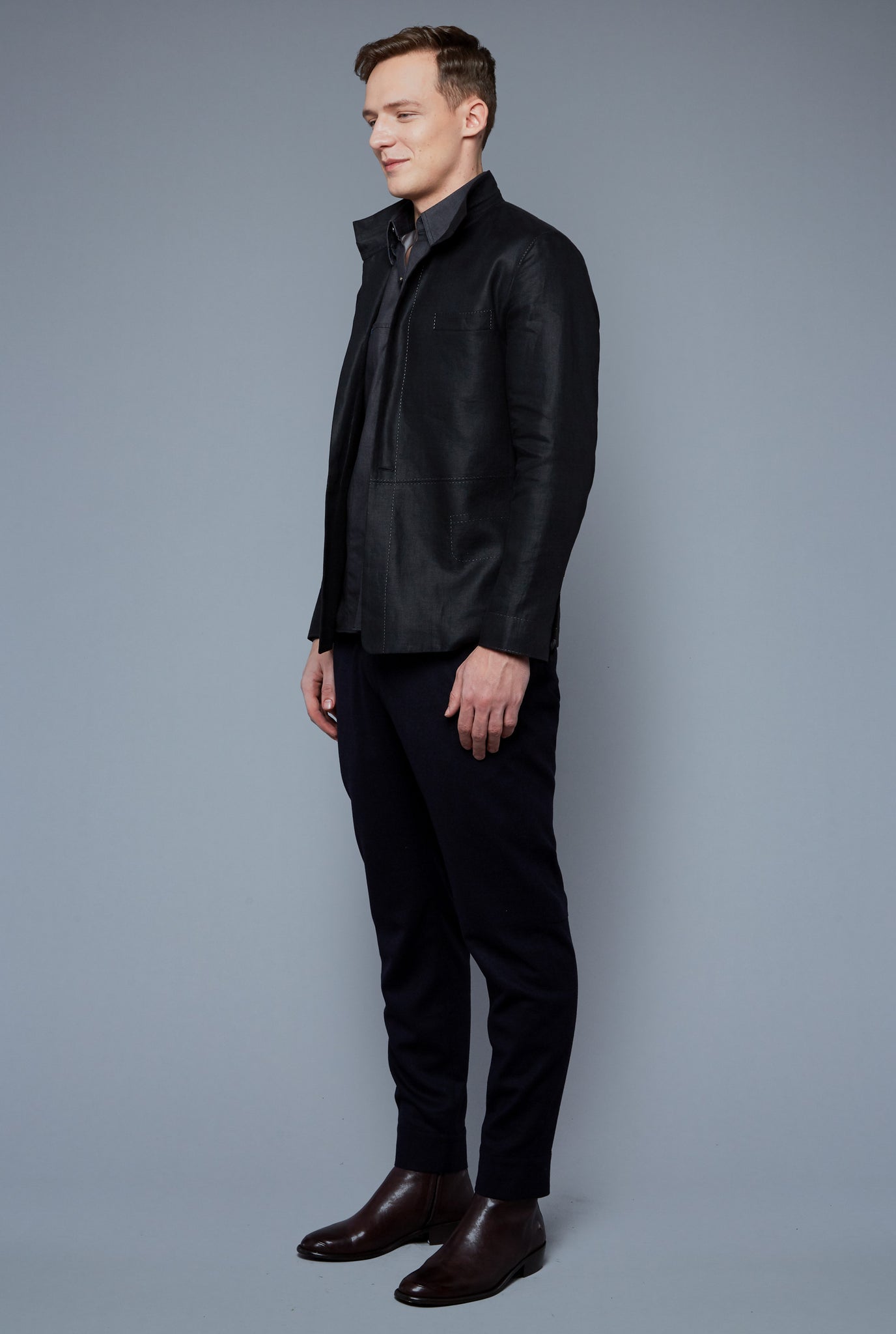 Three Quarter View: Model Milos Drago wearing Architect's Jacket