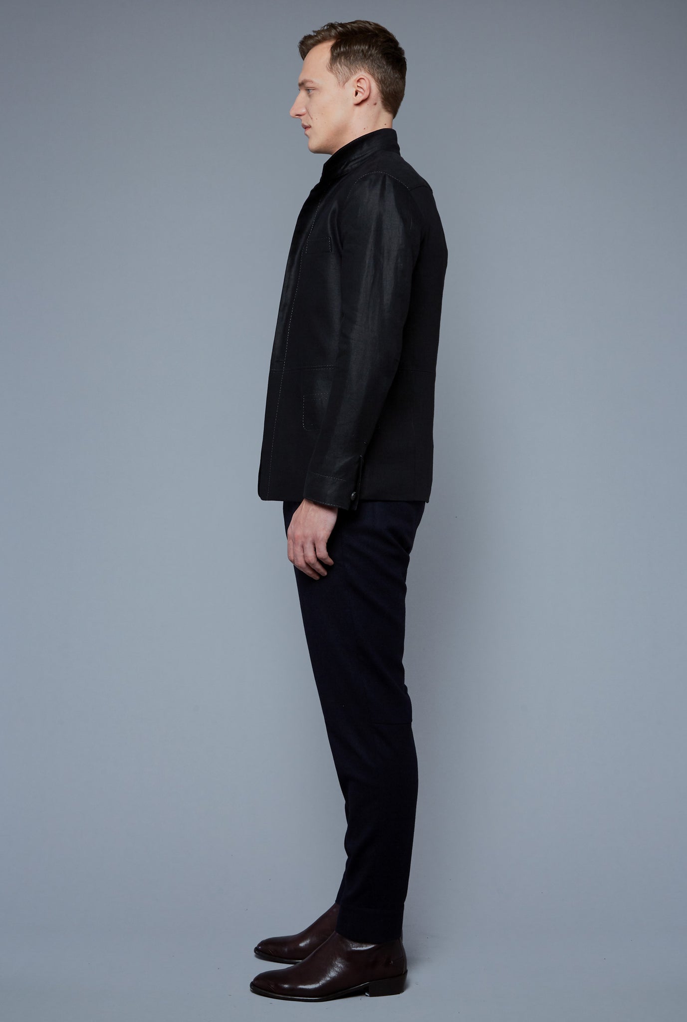 Side View: Model Milos Drago wearing Architect's Jacket