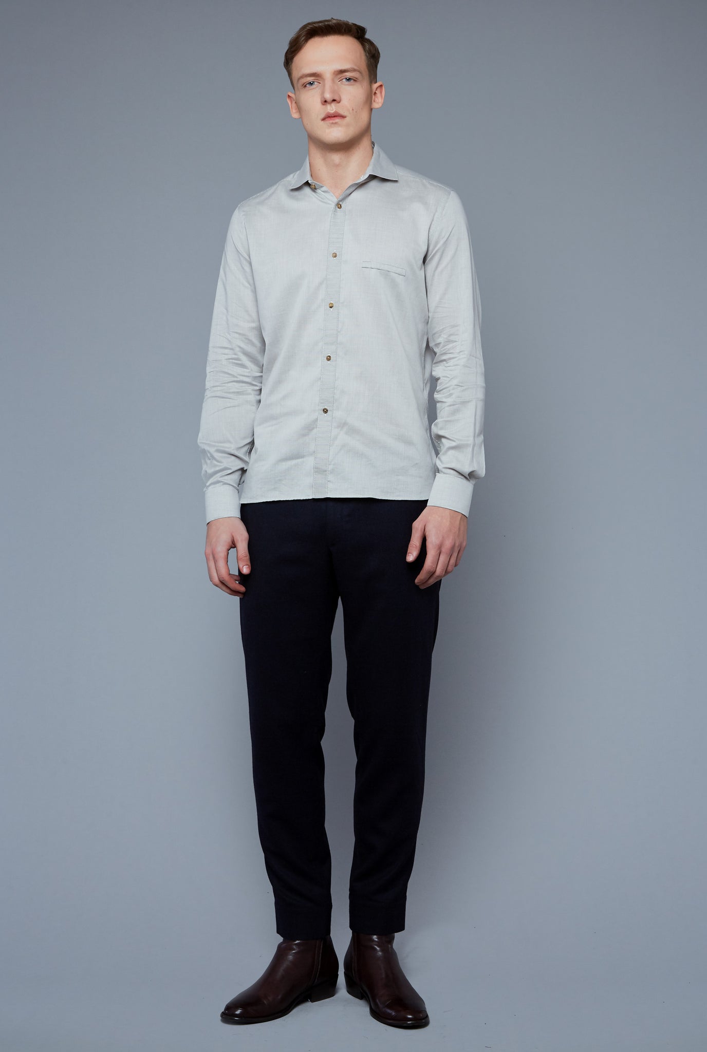 Front View: Model Milos Drago wearing Greenwich Shirt Microcheck