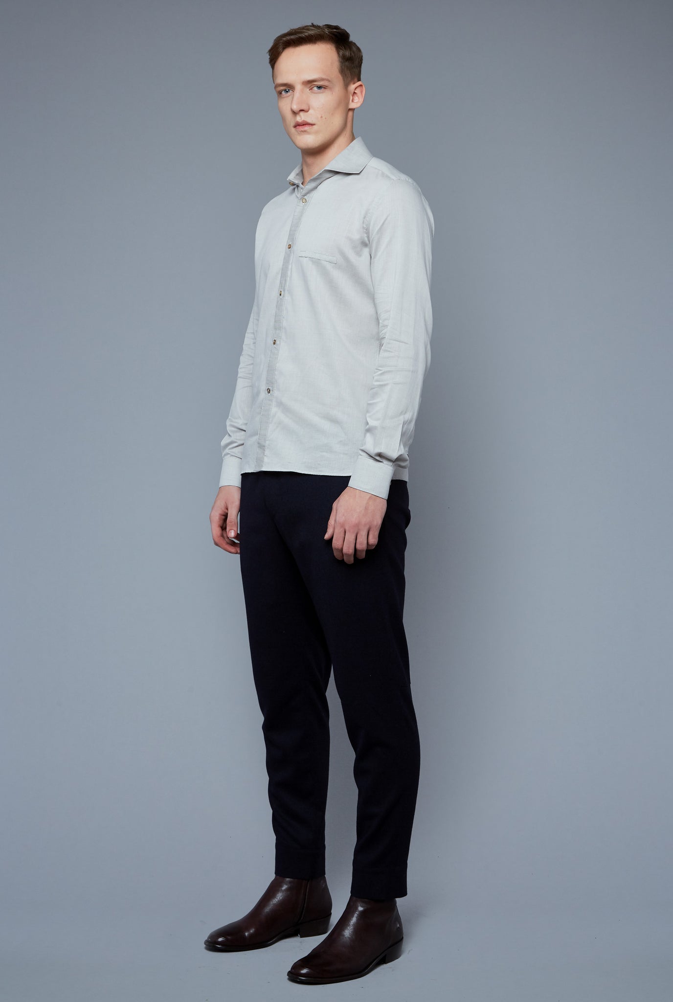 Three Quarter View: Model Milos Drago wearing Greenwich Shirt Microcheck