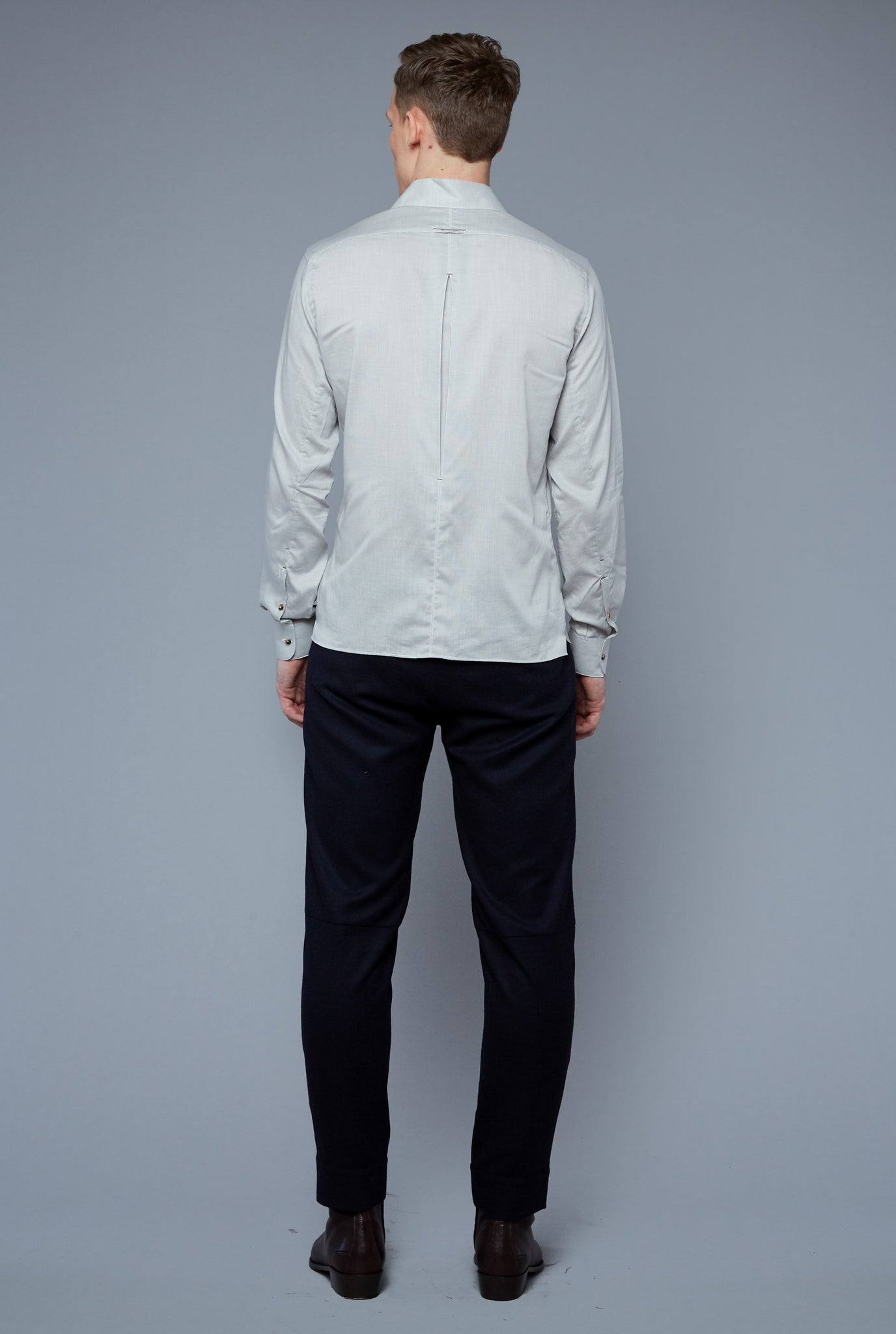 Back View: Model Milos Drago wearing Greenwich Shirt Microcheck