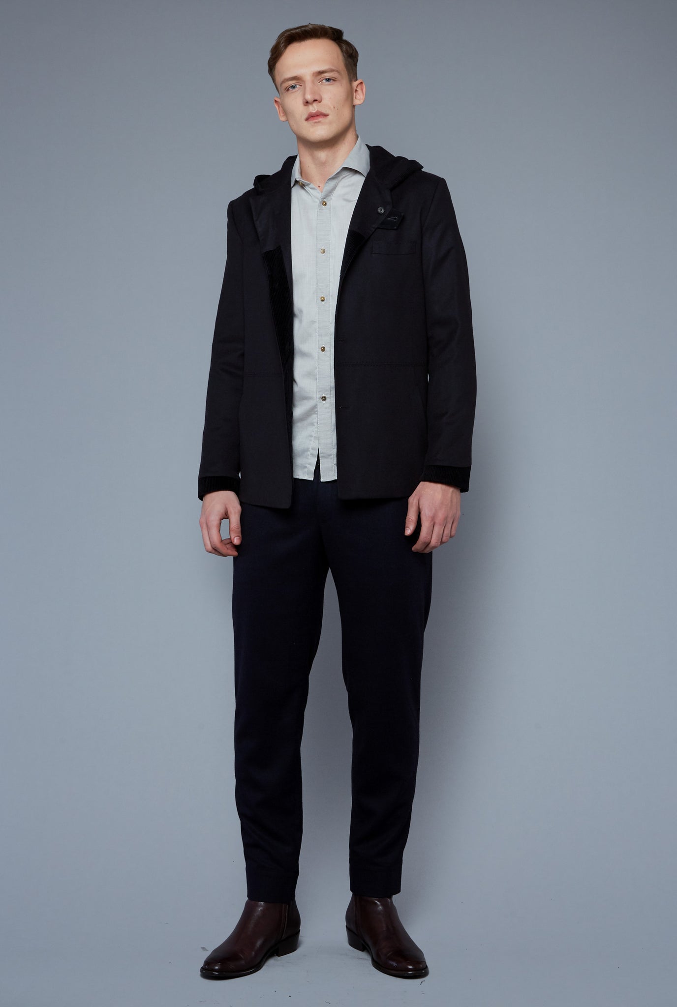 Front View: Model Milos Drago wearing Cashmere Hoodied Jacket