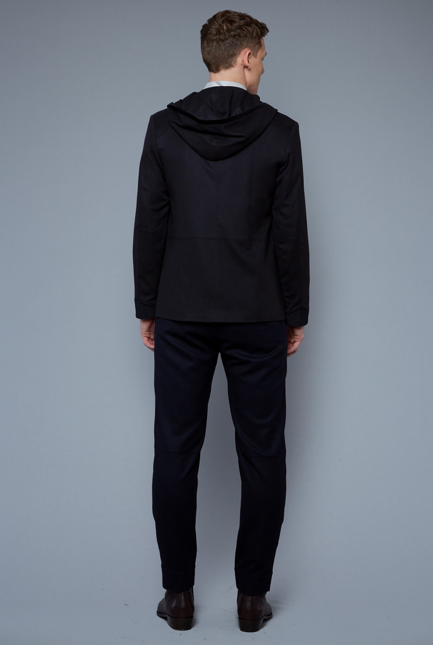 Back View: Model Milos Drago wearing Cashmere Hoodied Jacket