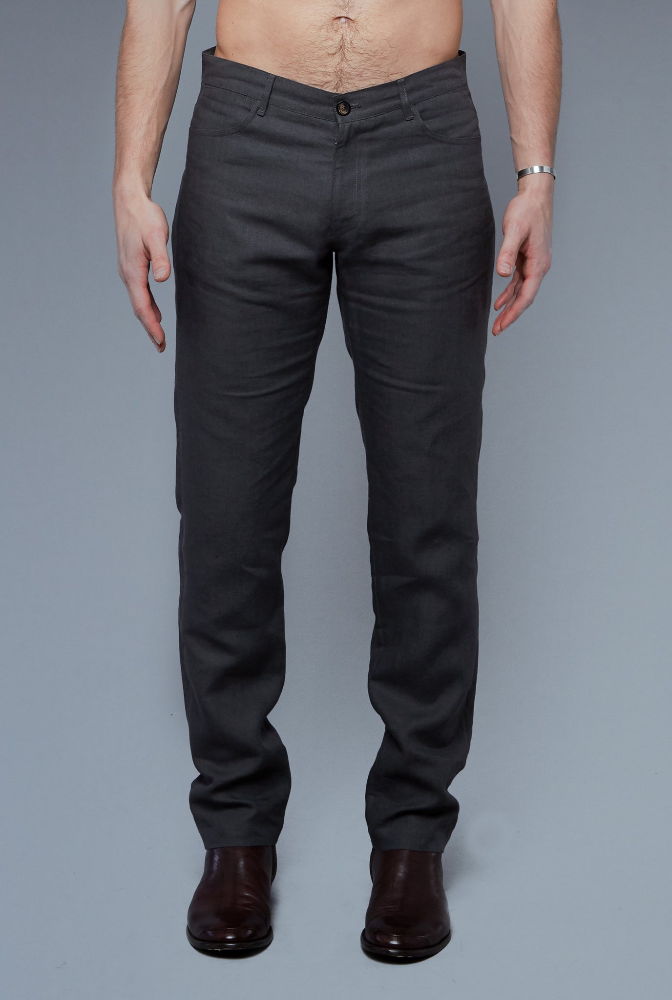 Front View: Model Hans Weiner wearing Linen 5 Pocket Pants