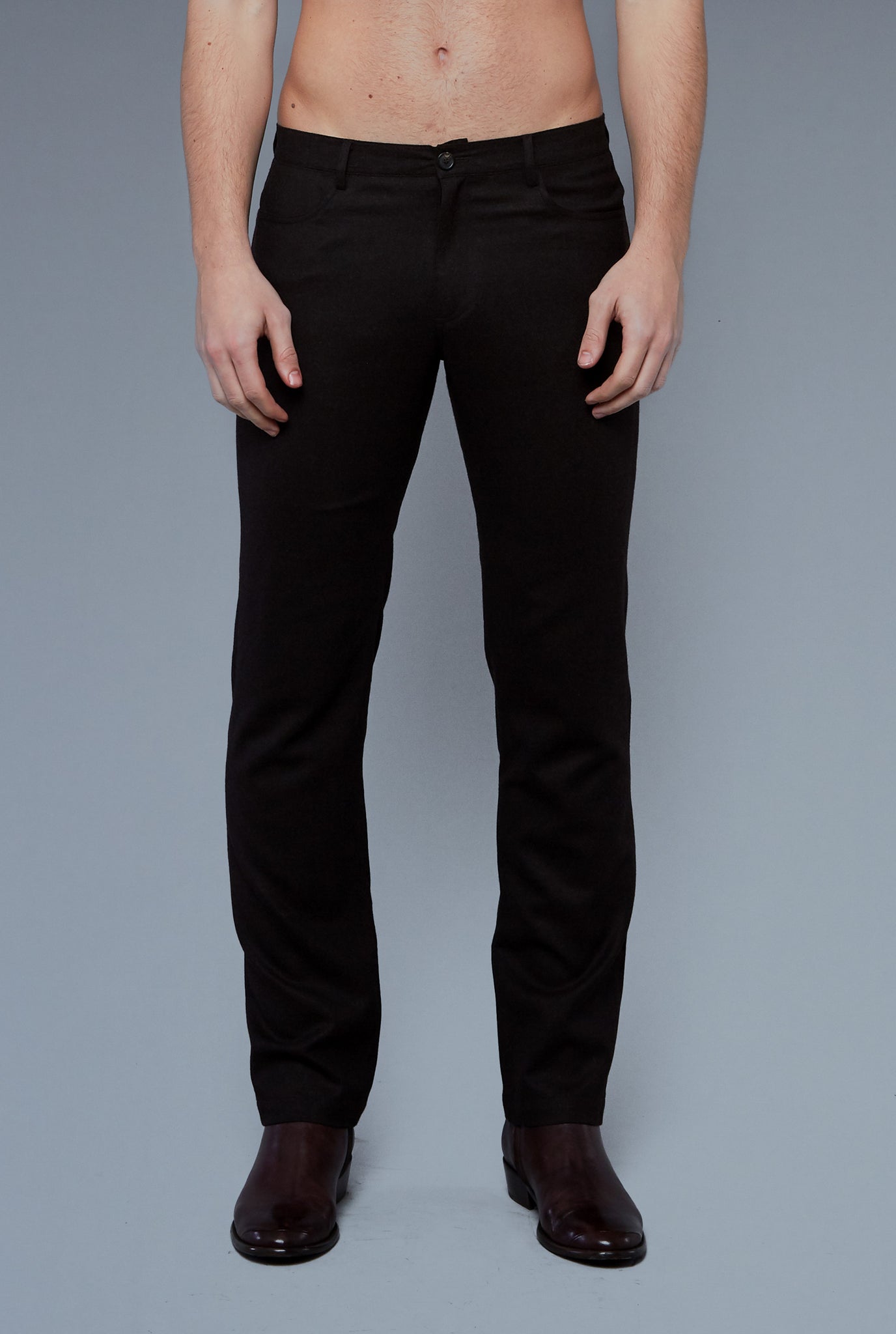 Front View: Model Hans Weiner wearing Wool 5 Pocket Pants