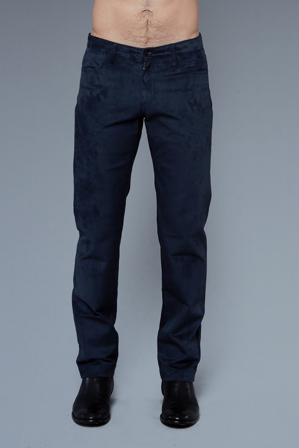Front View: Model Hans Weiner wearing Suede 5 Pocket Pants