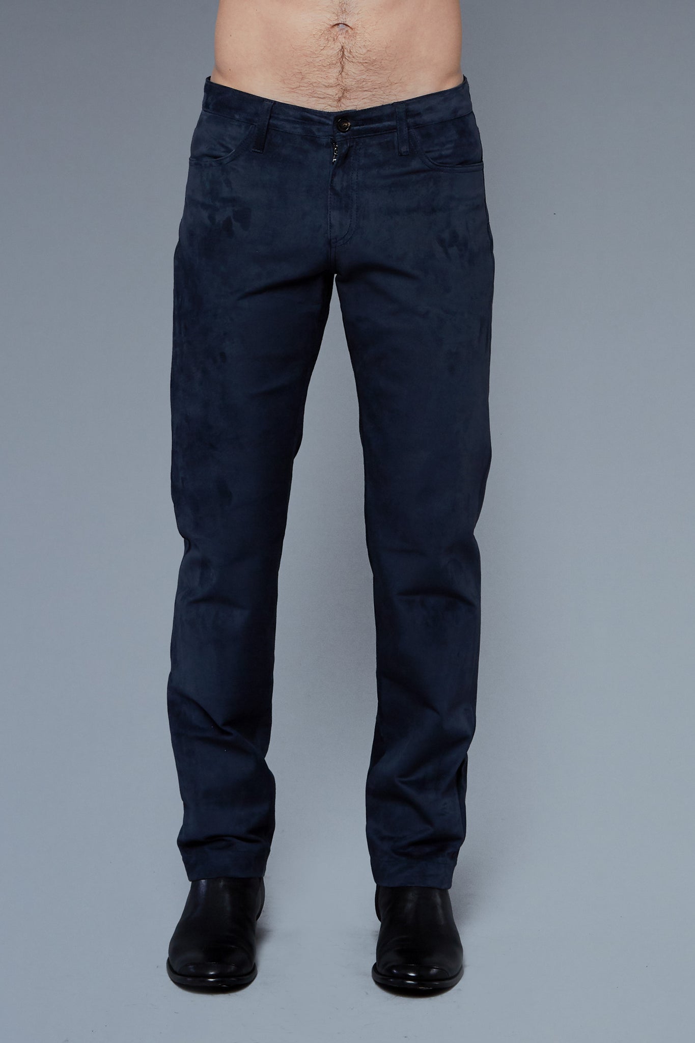 Front View: Model Hans Weiner wearing Suede 5 Pocket Pants