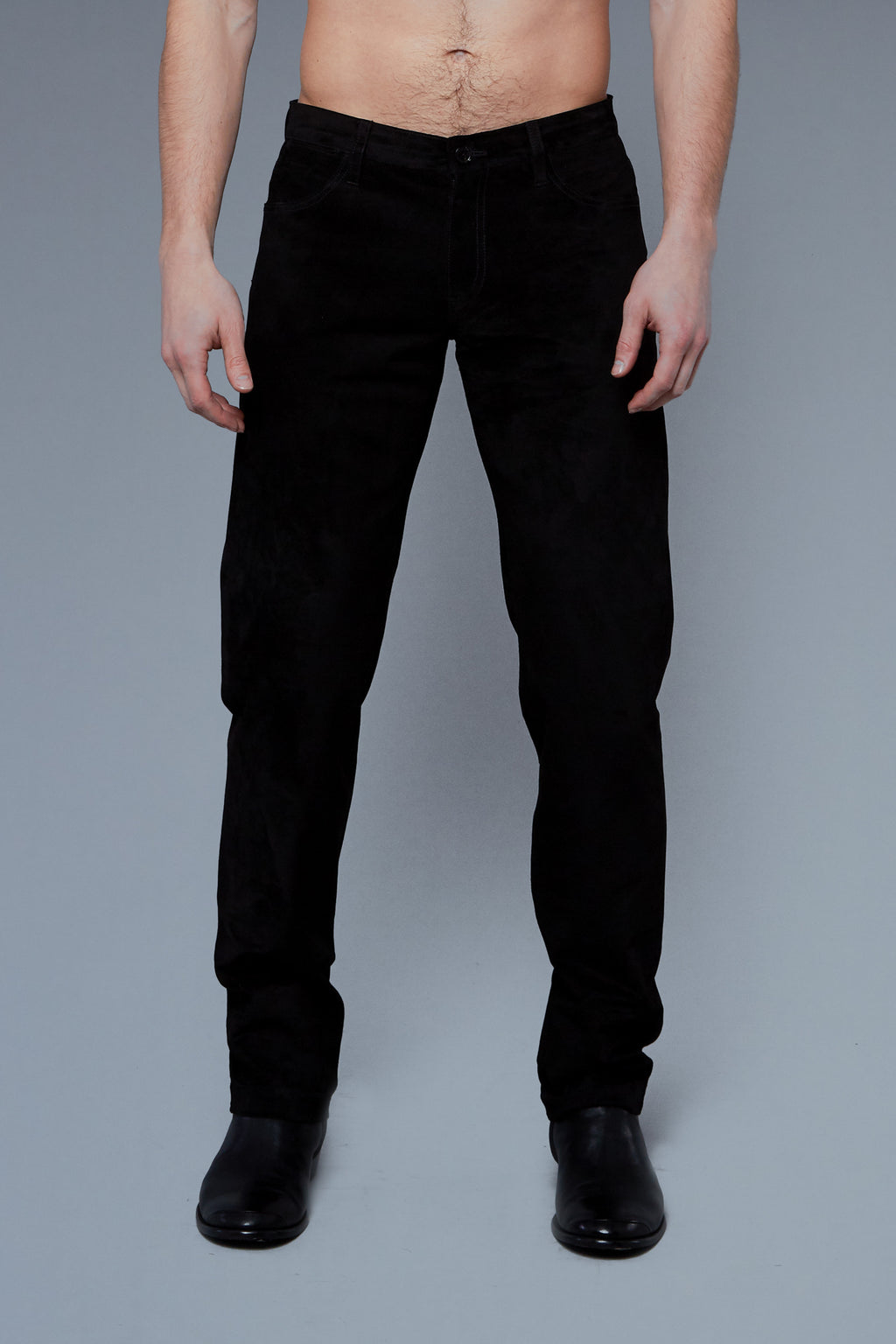 Front View: Model Hans Weiner wearing Suede 5 Pocket Pants