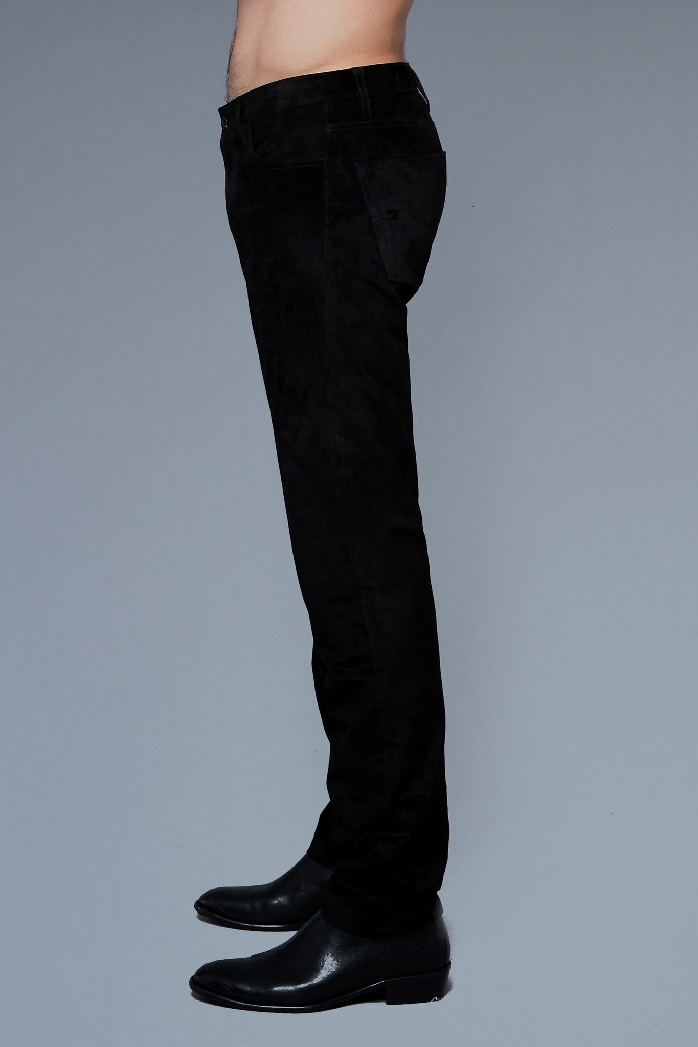 Side View: Model Hans Weiner wearing Suede 5 Pocket Pants