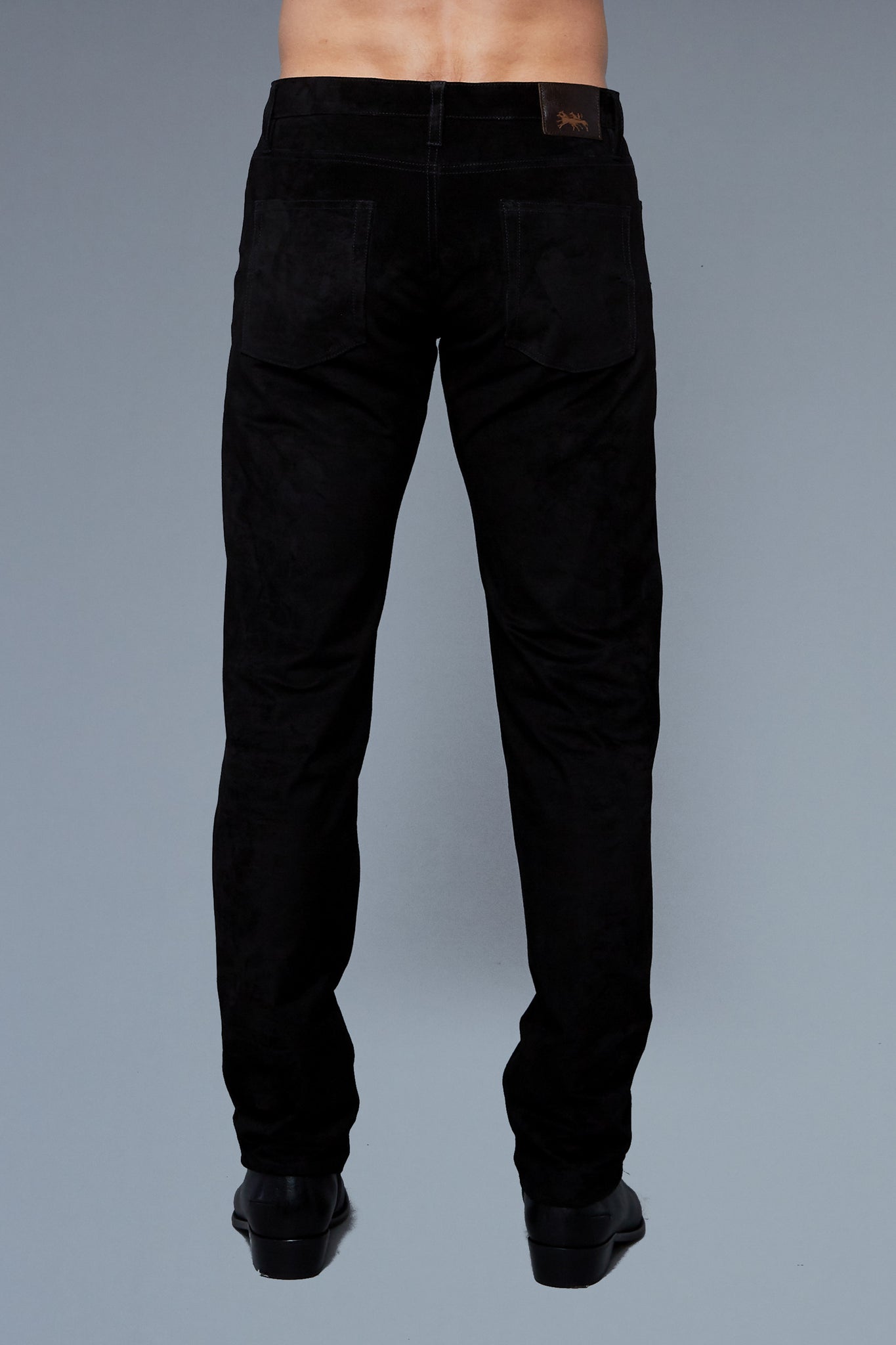 Back View: Model Hans Weiner wearing Suede 5 Pocket Pants