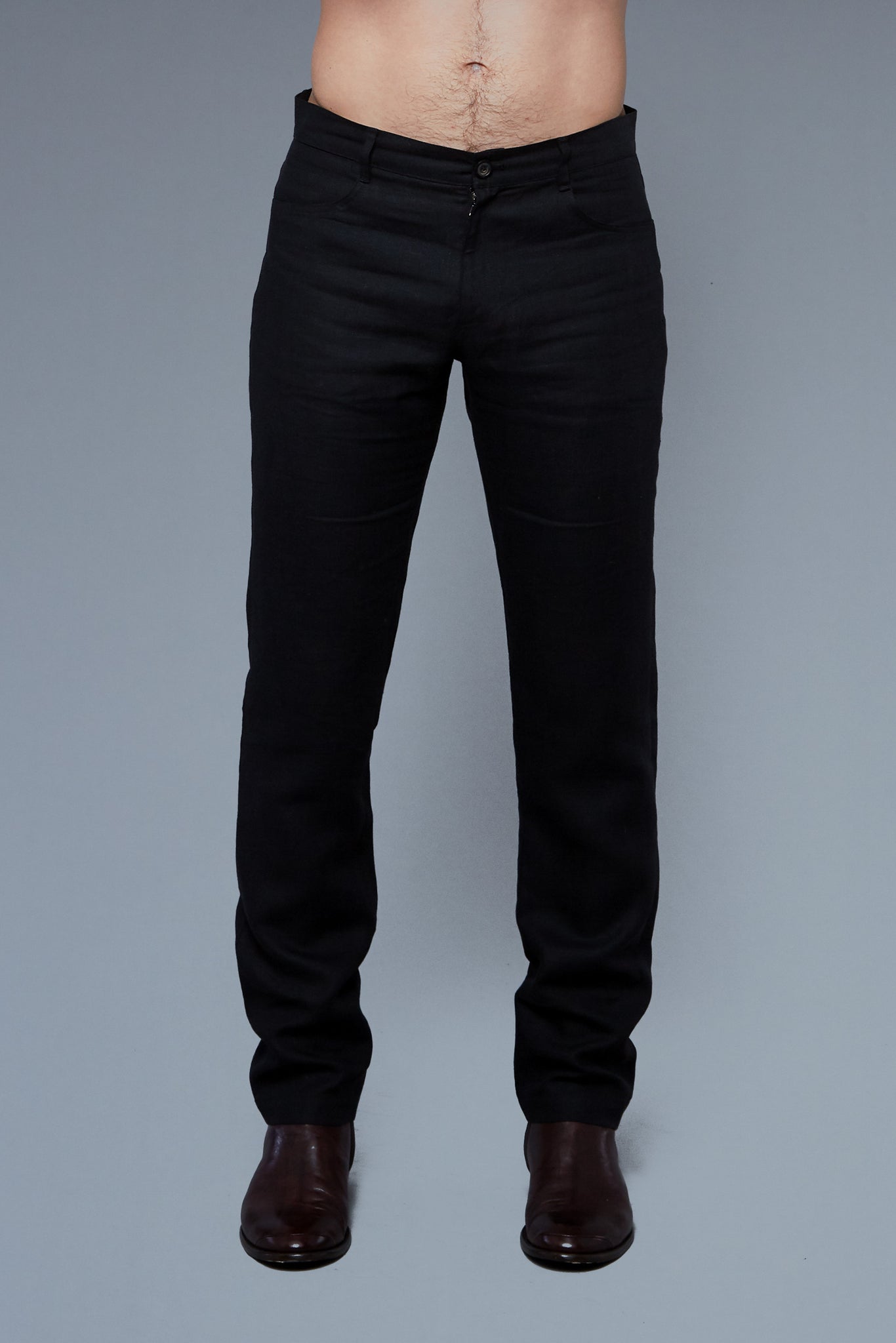 Front View: Model Milos Drago wearing Linen 5 Pocket Pants